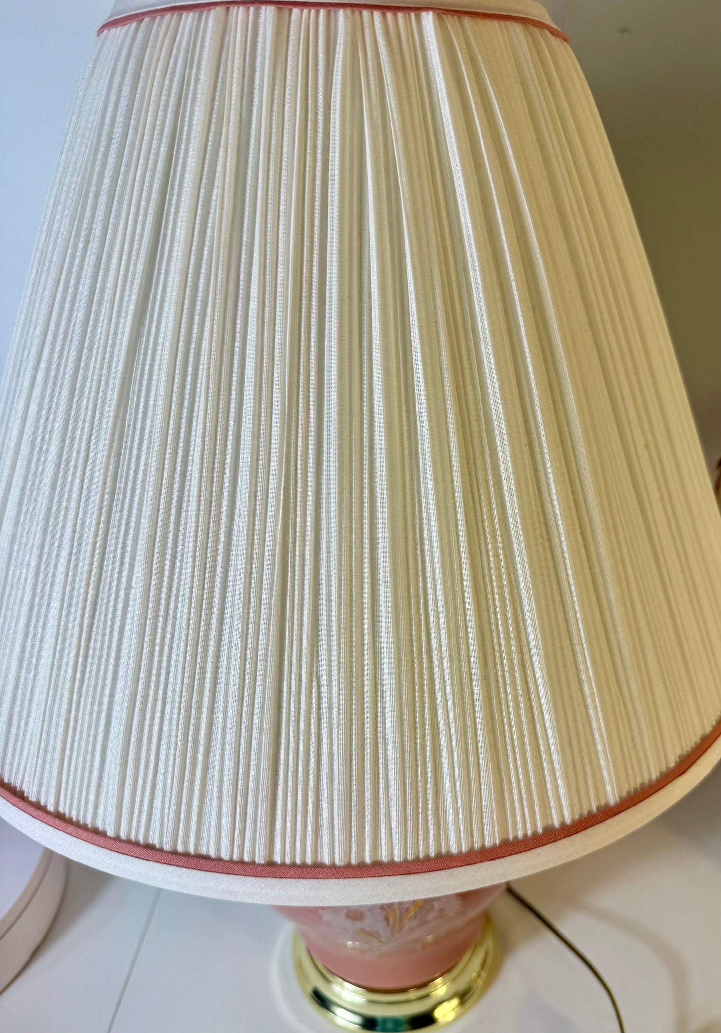 PAIR OF 1980s BLUSH PINK FLORAL TABLE LAMPS WITH ORIGINAL PLEATED SHADES – SIGNED G. BLEZ –