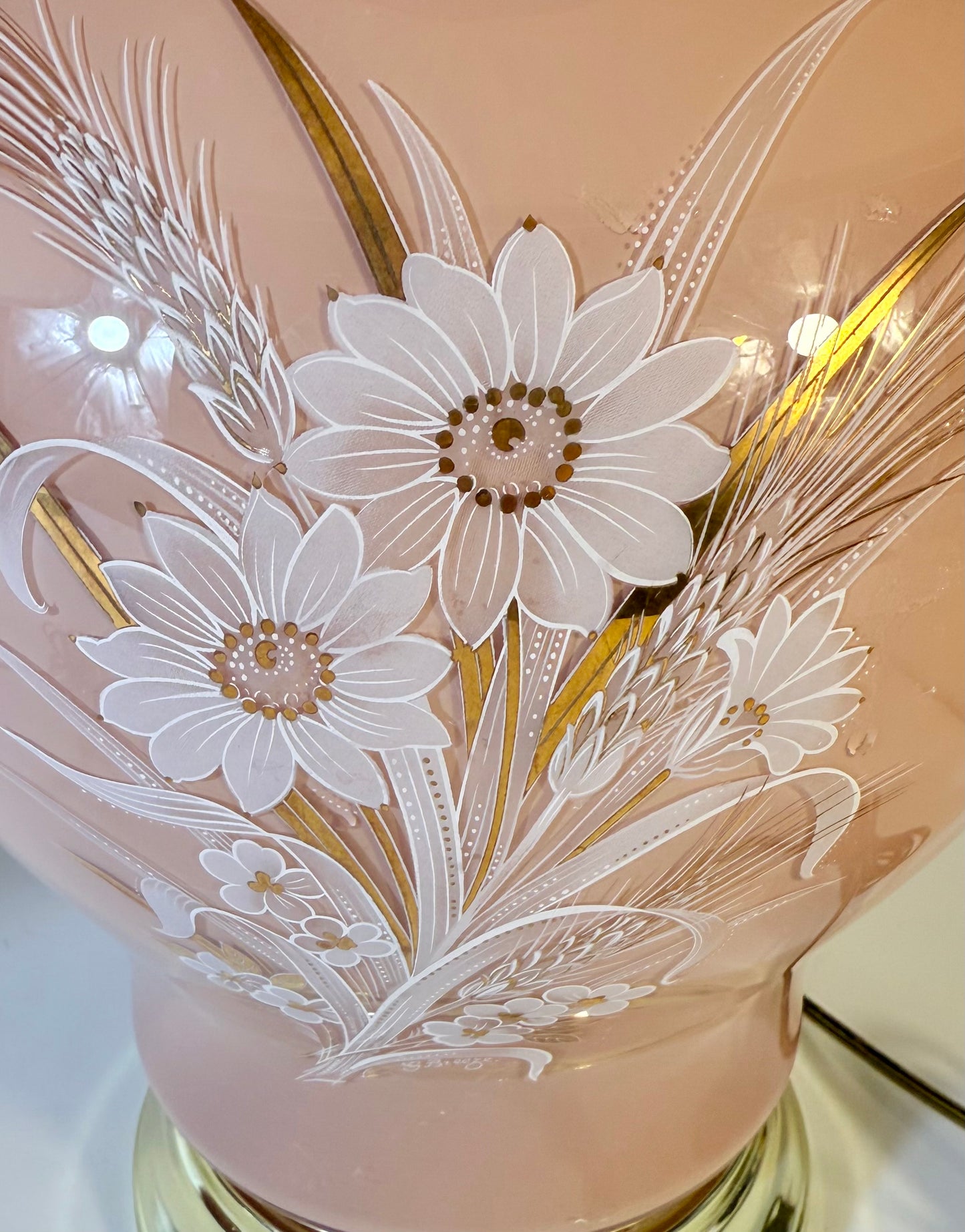 PAIR OF 1980s BLUSH PINK FLORAL TABLE LAMPS WITH ORIGINAL PLEATED SHADES – SIGNED G. BLEZ –