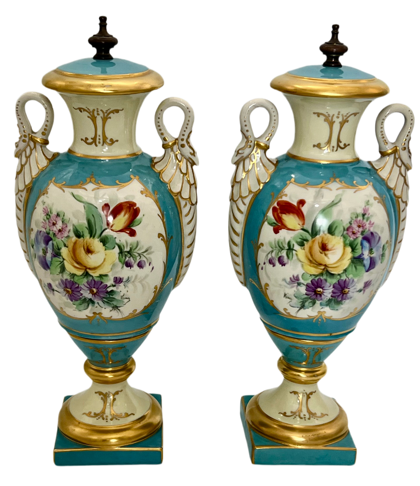 PAIR OF 19TH CENTURY LIMOGES SWAN-HANDLE URN VASES WITH LIDS – TURQUOISE & GOLD OLD PARIS STYLE, HAND-PAINTED FLORAL CARTOUCHES