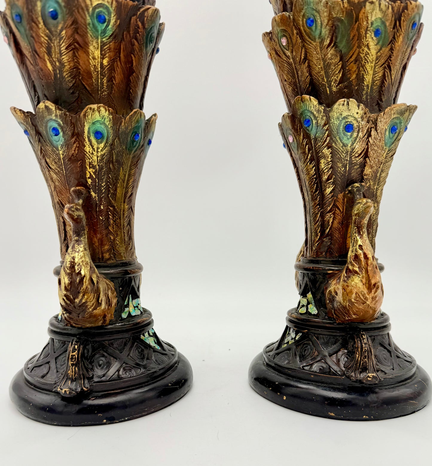 PAIR OF VINTAGE PEACOCK FEATHER VASES WITH JEWEL ACCENTS AND MOTHER-OF-PEARL INLAY