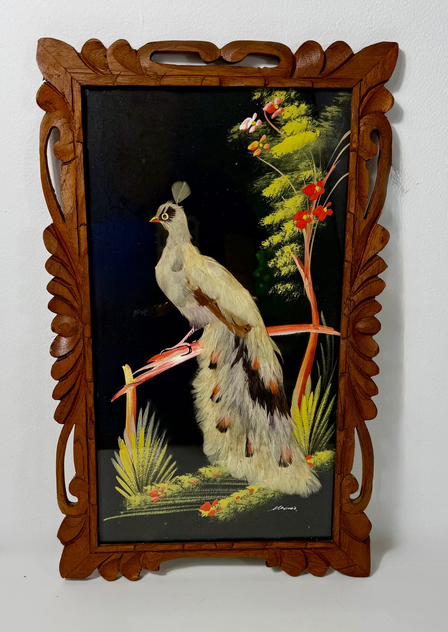 VINTAGE MEXICAN FEATHER ART – HANDCRAFTED EXOTIC BIRD PAIR IN CARVED WOOD FRAMES | MID-CENTURY FOLK ART