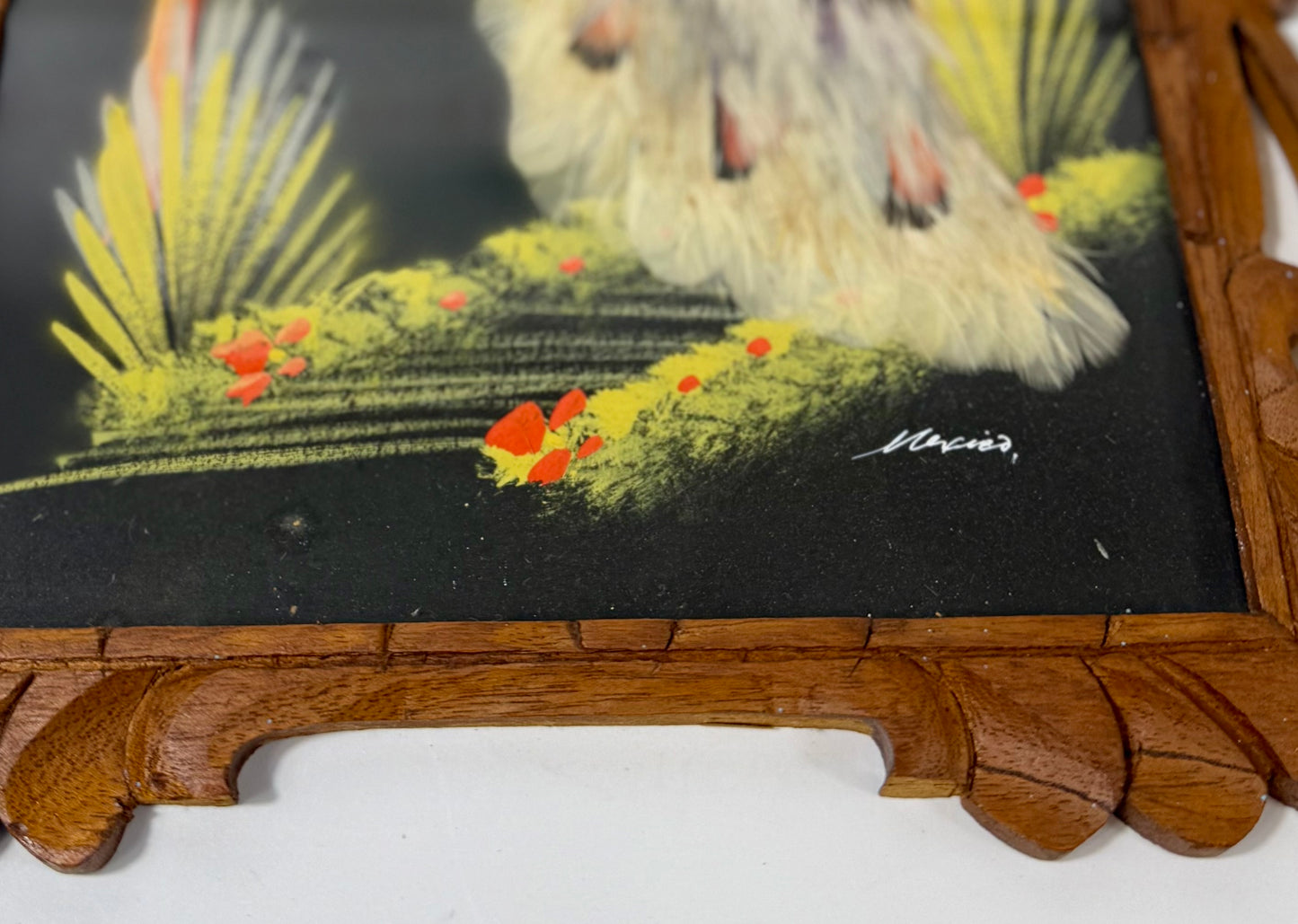 VINTAGE MEXICAN FEATHER ART – HANDCRAFTED EXOTIC BIRD PAIR IN CARVED WOOD FRAMES | MID-CENTURY FOLK ART