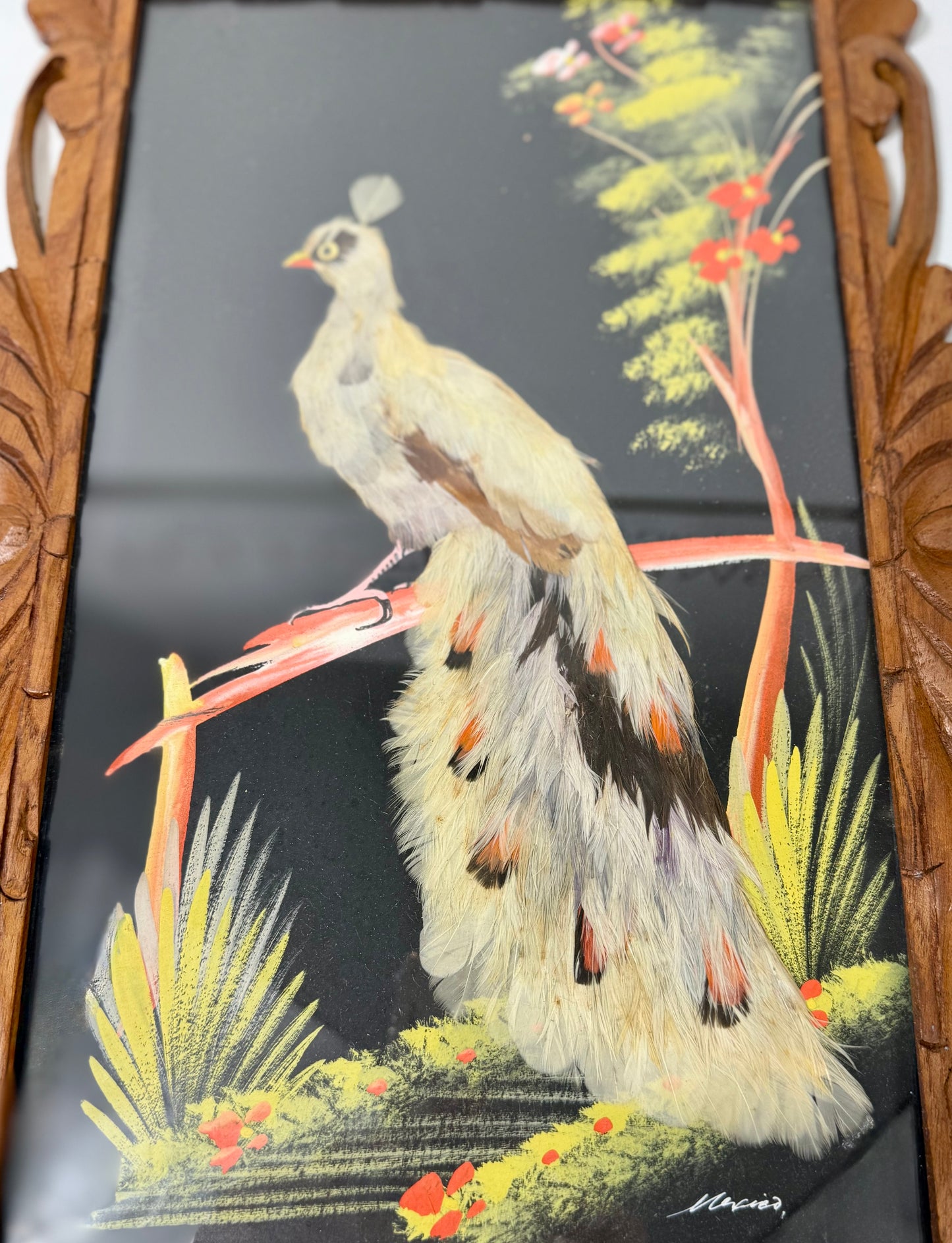 VINTAGE MEXICAN FEATHER ART – HANDCRAFTED EXOTIC BIRD PAIR IN CARVED WOOD FRAMES | MID-CENTURY FOLK ART