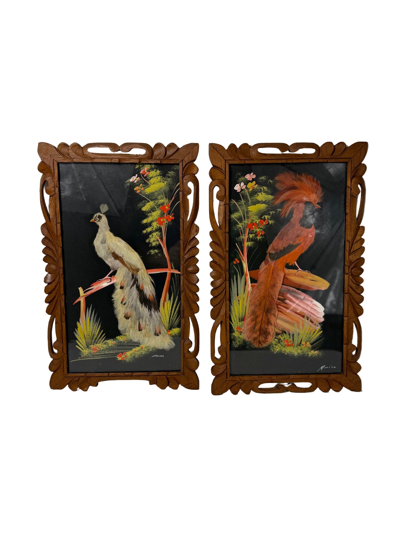 VINTAGE MEXICAN FEATHER ART – HANDCRAFTED EXOTIC BIRD PAIR IN CARVED WOOD FRAMES | MID-CENTURY FOLK ART