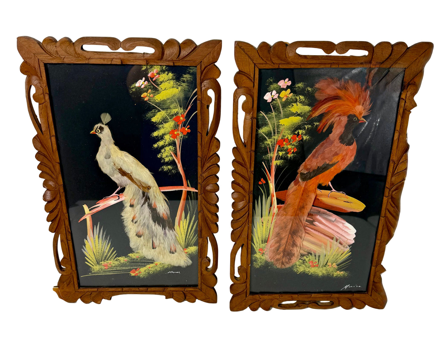 VINTAGE MEXICAN FEATHER ART – HANDCRAFTED EXOTIC BIRD PAIR IN CARVED WOOD FRAMES | MID-CENTURY FOLK ART