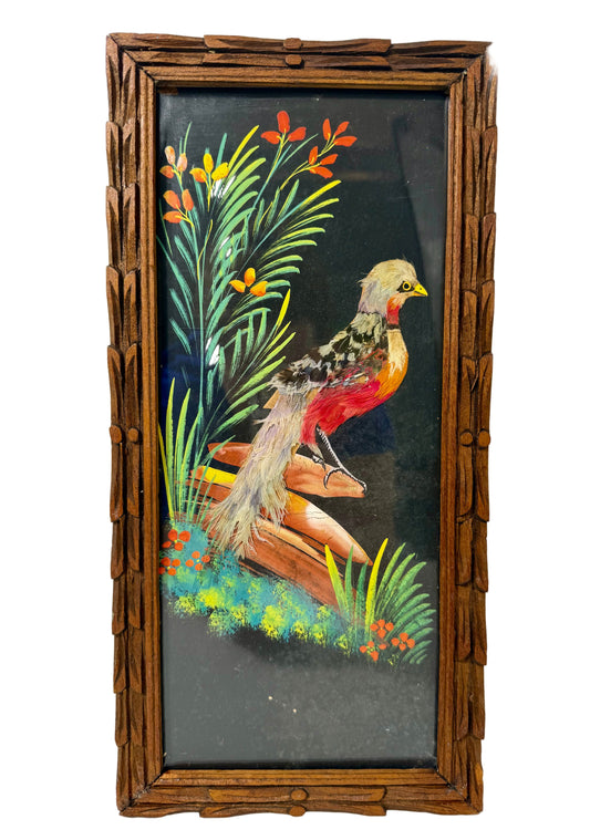 VINTAGE MEXICAN FEATHER ART BIRD IN HAND-CARVED FRAME — MID-CENTURY FOLK ART