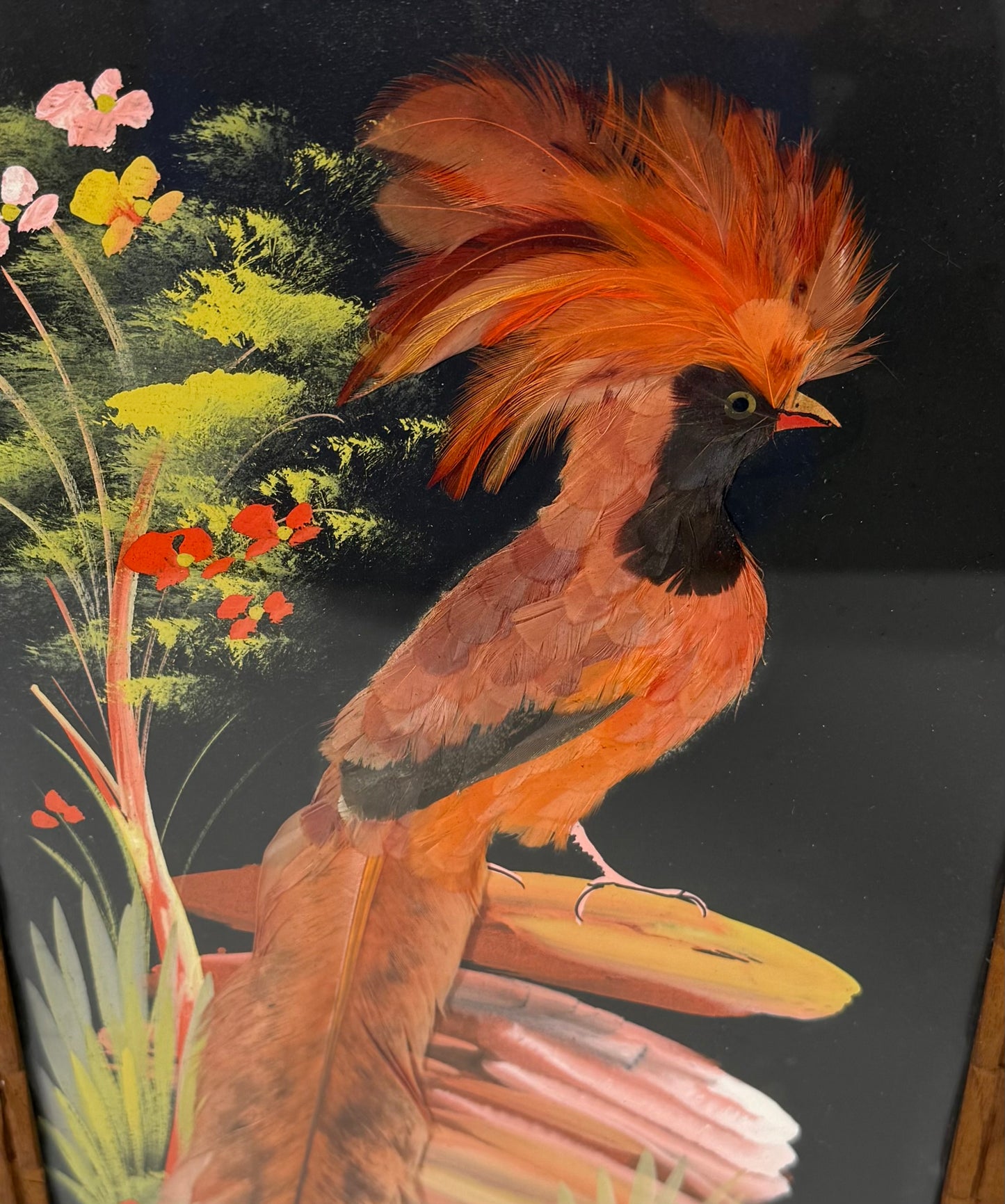 VINTAGE MEXICAN FEATHER ART – HANDCRAFTED EXOTIC BIRD PAIR IN CARVED WOOD FRAMES | MID-CENTURY FOLK ART