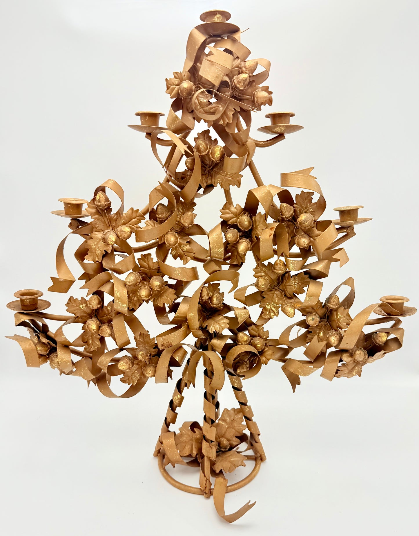 VINTAGE ITALIAN GILT TOLE CHRISTMAS TREE CANDELABRA WITH ACORNS AND RIBBONS – HOLLYWOOD REGENCY GOLD METAL CANDLE HOLDER