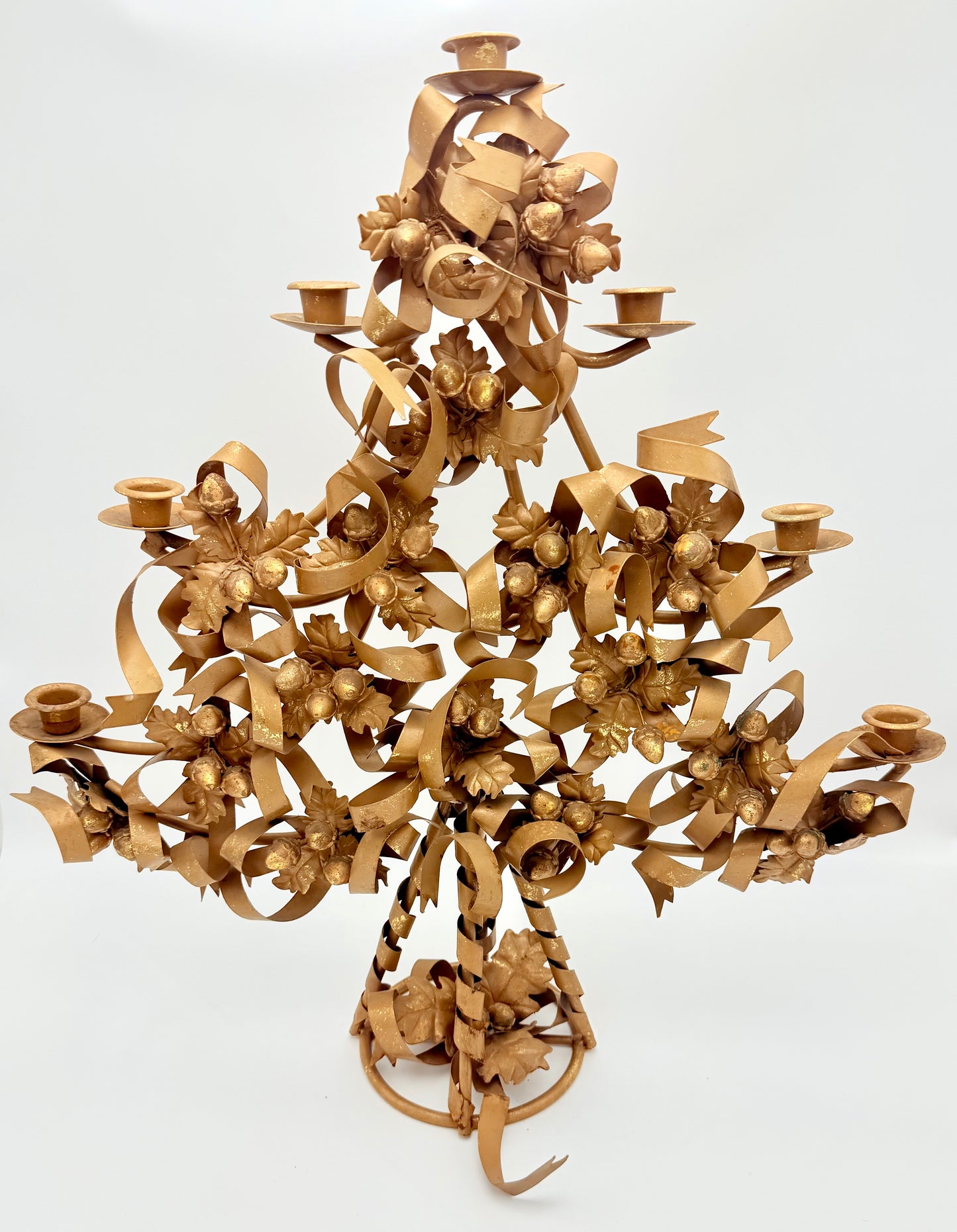 VINTAGE ITALIAN GILT TOLE CHRISTMAS TREE CANDELABRA WITH ACORNS AND RIBBONS – HOLLYWOOD REGENCY GOLD METAL CANDLE HOLDER