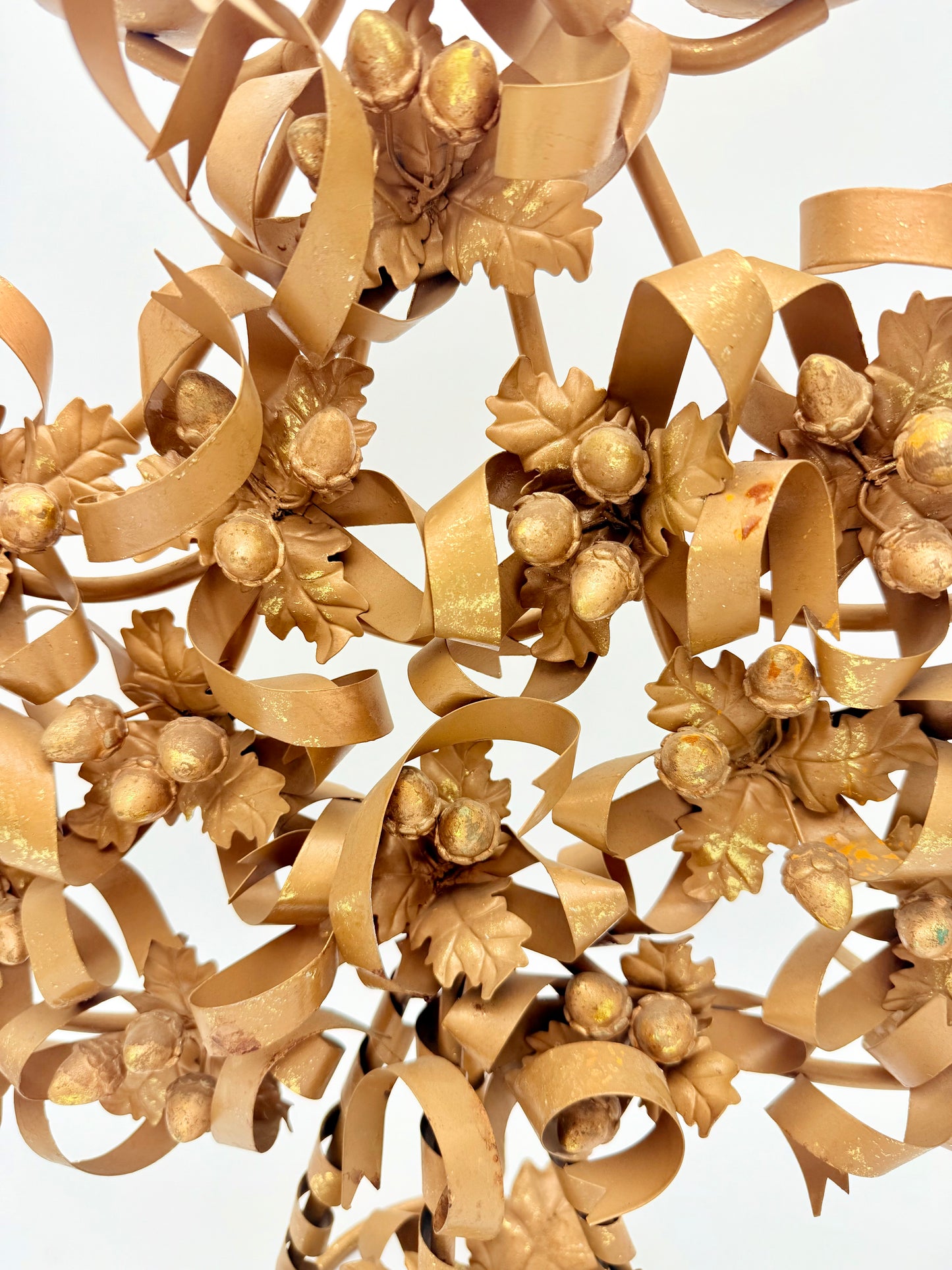 VINTAGE ITALIAN GILT TOLE CHRISTMAS TREE CANDELABRA WITH ACORNS AND RIBBONS – HOLLYWOOD REGENCY GOLD METAL CANDLE HOLDER