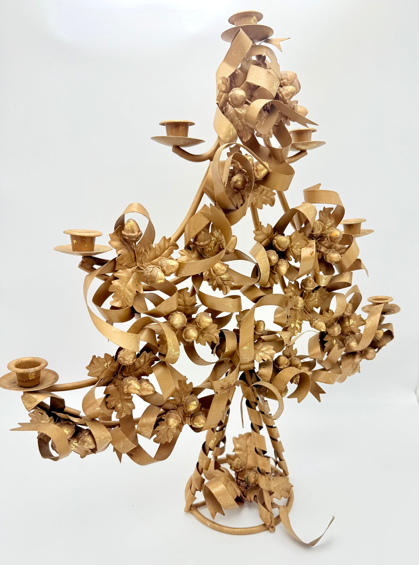 VINTAGE ITALIAN GILT TOLE CHRISTMAS TREE CANDELABRA WITH ACORNS AND RIBBONS – HOLLYWOOD REGENCY GOLD METAL CANDLE HOLDER