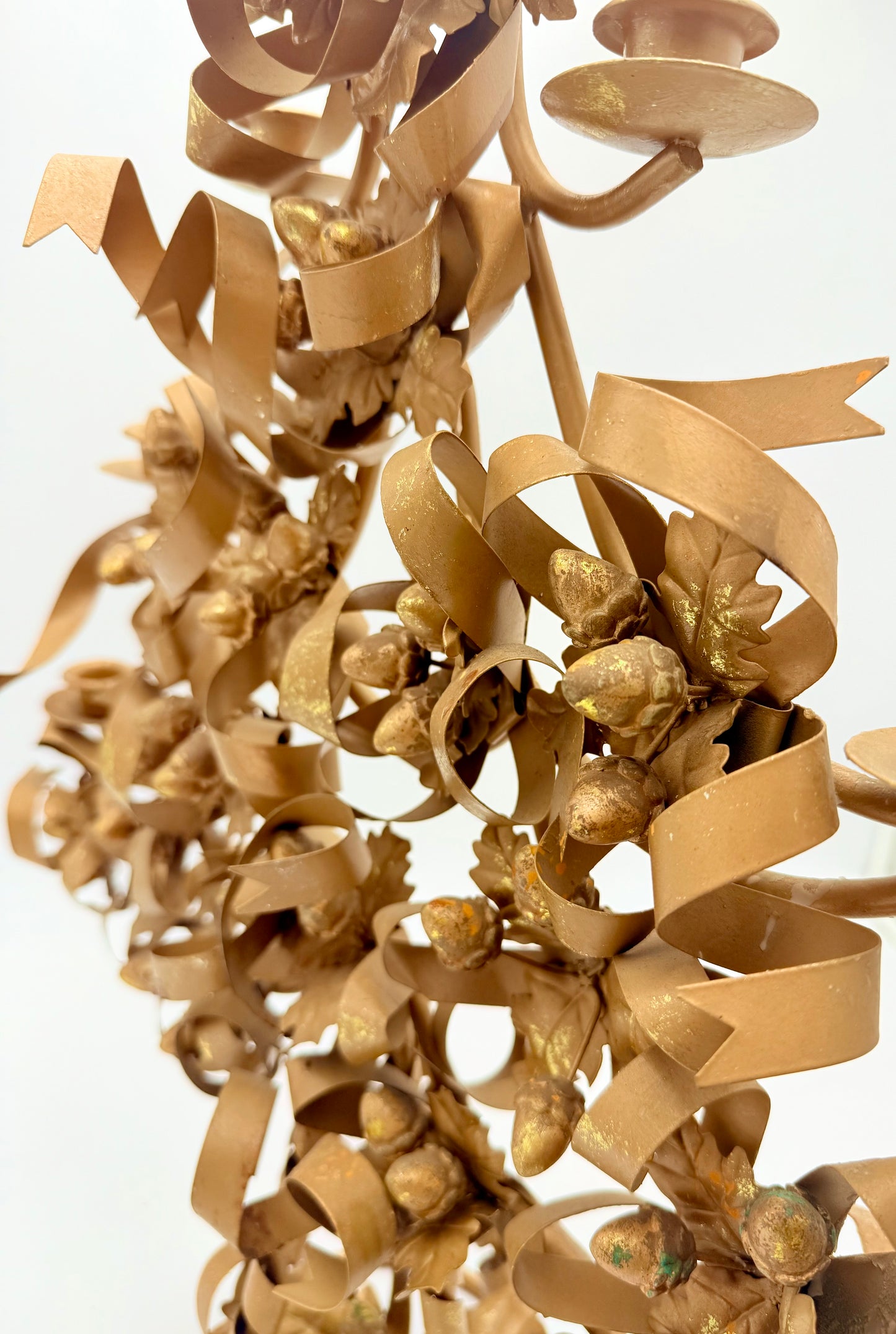 VINTAGE ITALIAN GILT TOLE CHRISTMAS TREE CANDELABRA WITH ACORNS AND RIBBONS – HOLLYWOOD REGENCY GOLD METAL CANDLE HOLDER