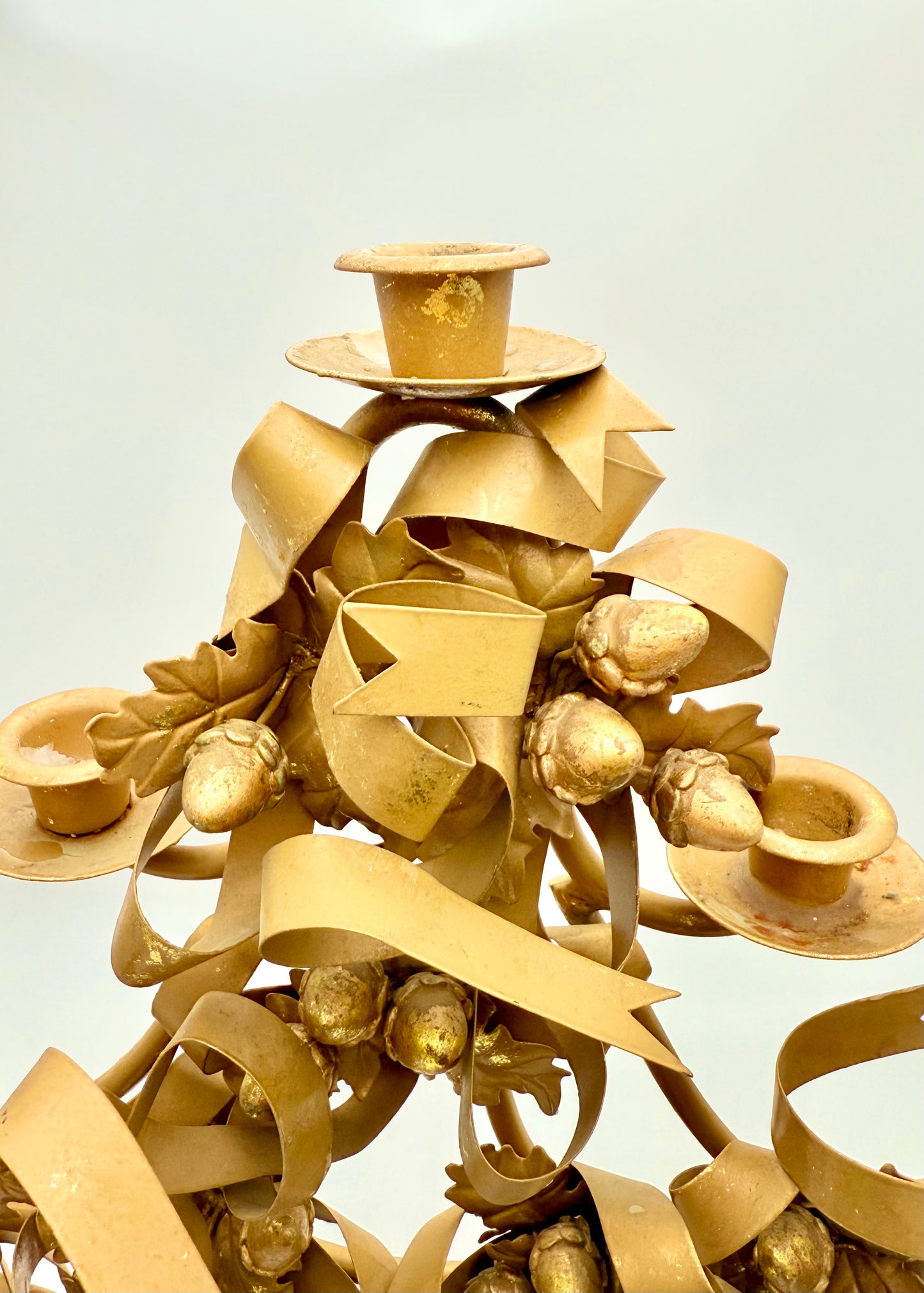 VINTAGE ITALIAN GILT TOLE CHRISTMAS TREE CANDELABRA WITH ACORNS AND RIBBONS – HOLLYWOOD REGENCY GOLD METAL CANDLE HOLDER