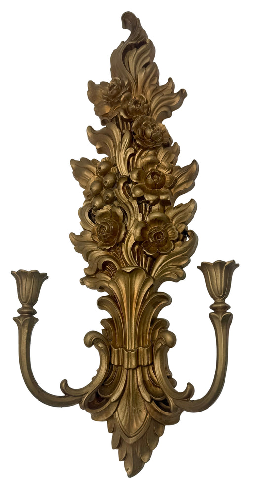 VINTAGE 1973 SYROCO BRONZE/GOLD FLORAL TWO-ARM WALL SCONCE – HOLLYWOOD REGENCY ROCOCO STYLE, GILT FLOWER DESIGN, MADE IN USA, 26 INCHES TALL (Copy)