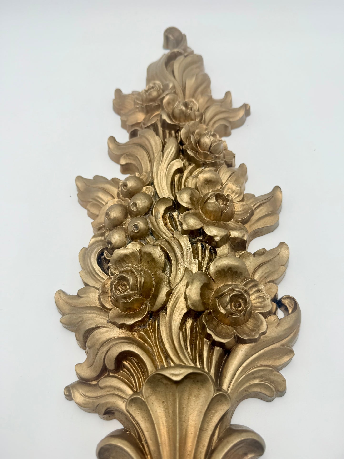 VINTAGE 1973 SYROCO BRONZE/GOLD FLORAL TWO-ARM WALL SCONCE – HOLLYWOOD REGENCY ROCOCO STYLE, GILT FLOWER DESIGN, MADE IN USA, 26 INCHES TALL (Copy)
