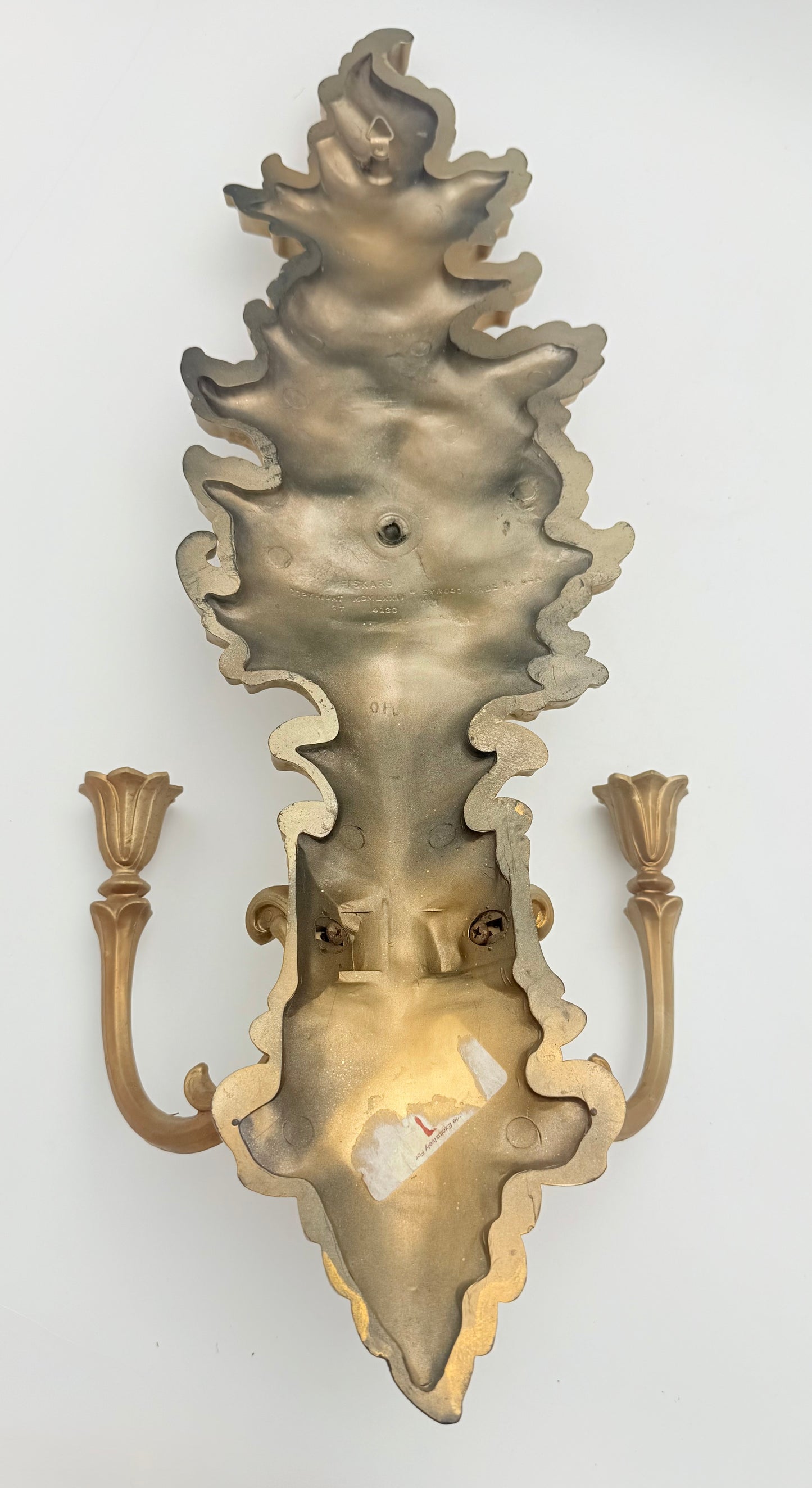 VINTAGE 1973 SYROCO BRONZE/GOLD FLORAL TWO-ARM WALL SCONCE – HOLLYWOOD REGENCY ROCOCO STYLE, GILT FLOWER DESIGN, MADE IN USA, 26 INCHES TALL (Copy)