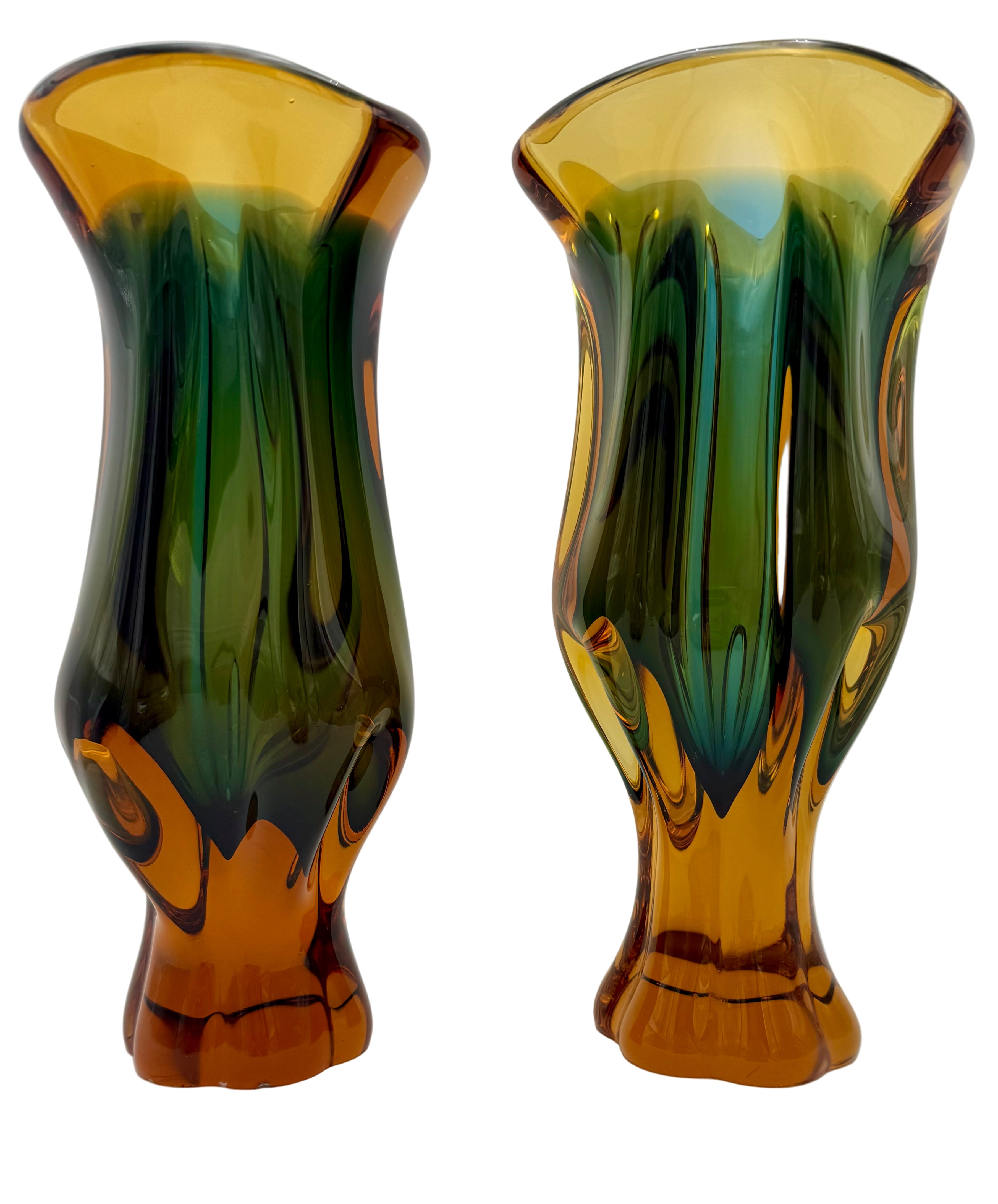 VINTAGE MURANO SOMMERSO GLASS VASE PAIR – 11” AMBER AND EMERALD GREEN ART GLASS – ITALIAN MID CENTURY MODERN DECOR