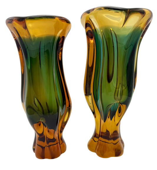 VINTAGE MURANO SOMMERSO GLASS VASE PAIR – 11” AMBER AND EMERALD GREEN ART GLASS – ITALIAN MID CENTURY MODERN DECOR