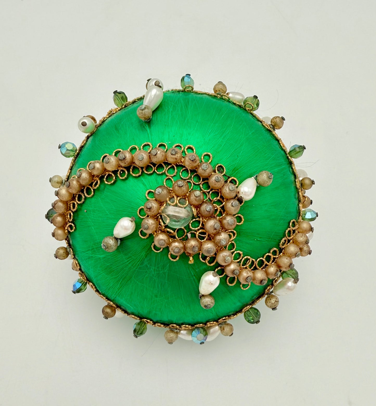 VINTAGE HANDMADE GREEN SATIN BEADED CHRISTMAS ORNAMENT