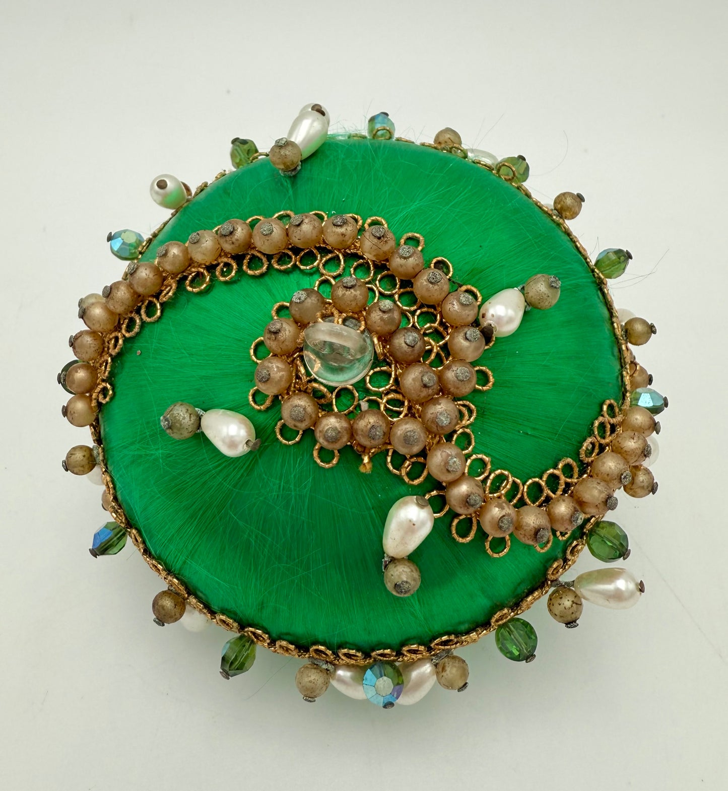 VINTAGE HANDMADE GREEN SATIN BEADED CHRISTMAS ORNAMENT