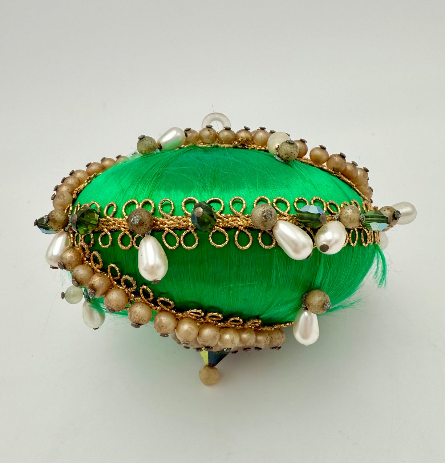 VINTAGE HANDMADE GREEN SATIN BEADED CHRISTMAS ORNAMENT