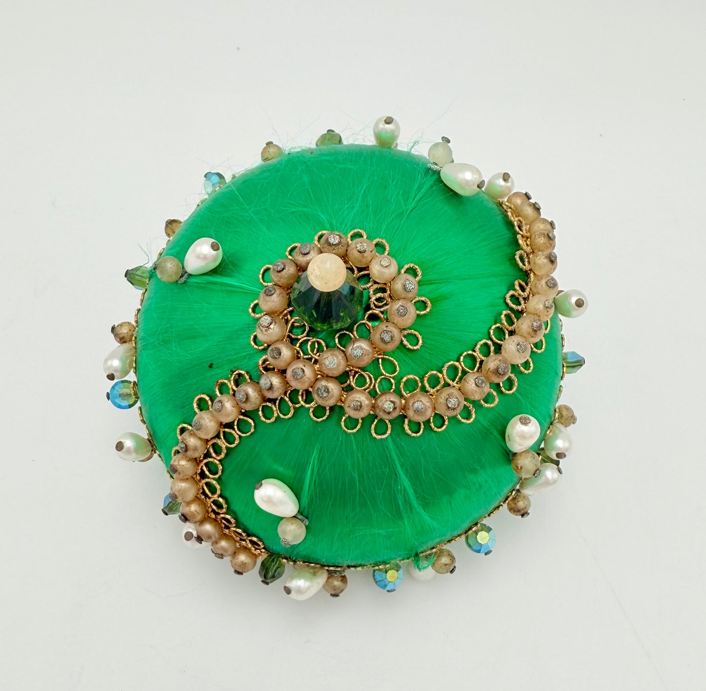 VINTAGE HANDMADE GREEN SATIN BEADED CHRISTMAS ORNAMENT