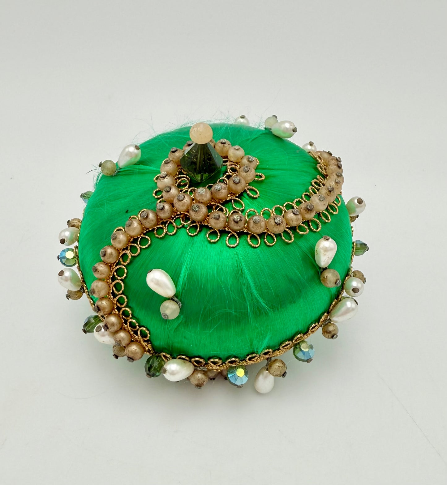 VINTAGE HANDMADE GREEN SATIN BEADED CHRISTMAS ORNAMENT