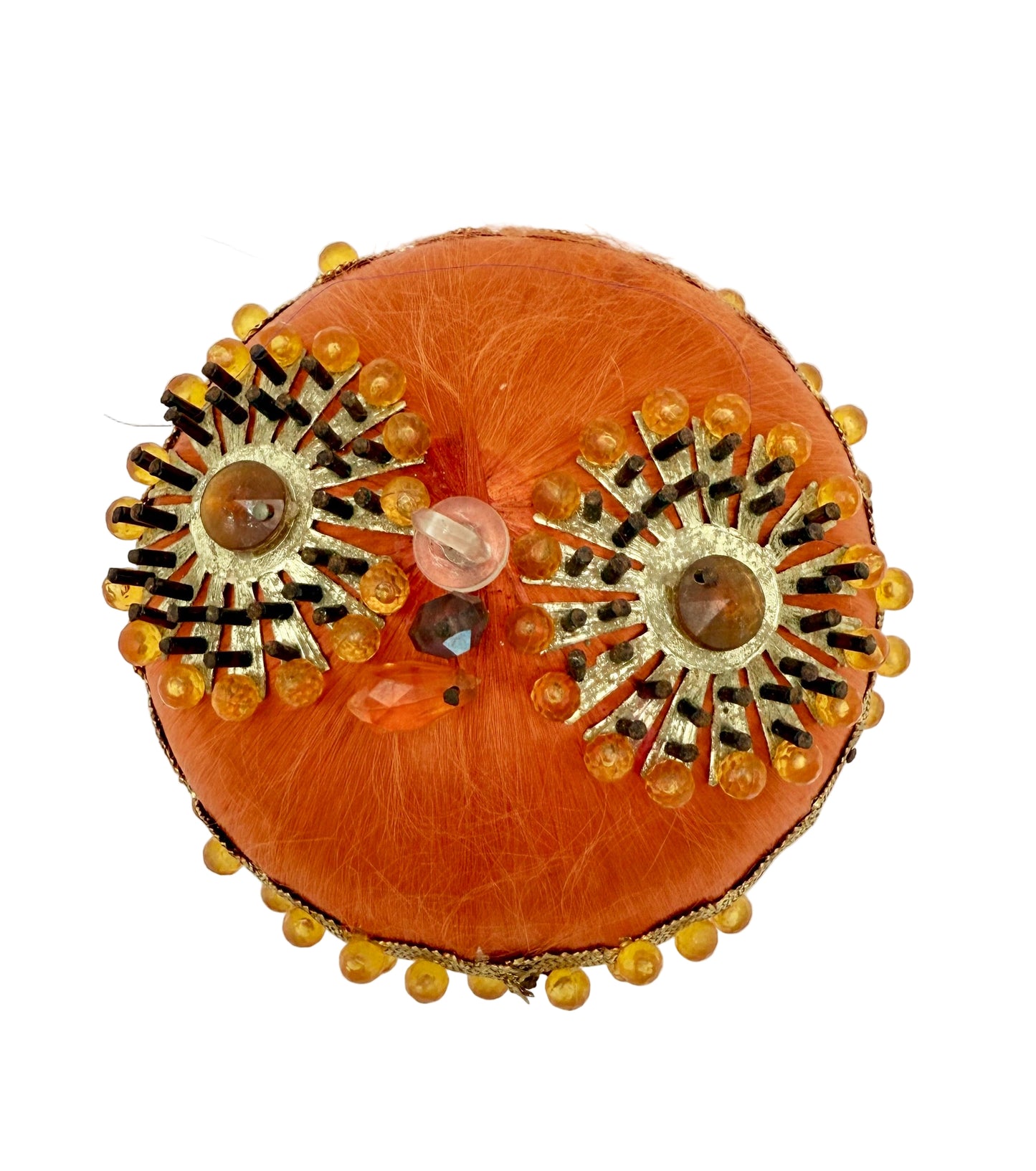 VINTAGE HANDMADE ORANGE BEADED CHRISTMAS ORNAMENT – 1960s MIDCENTURY SATIN BALL