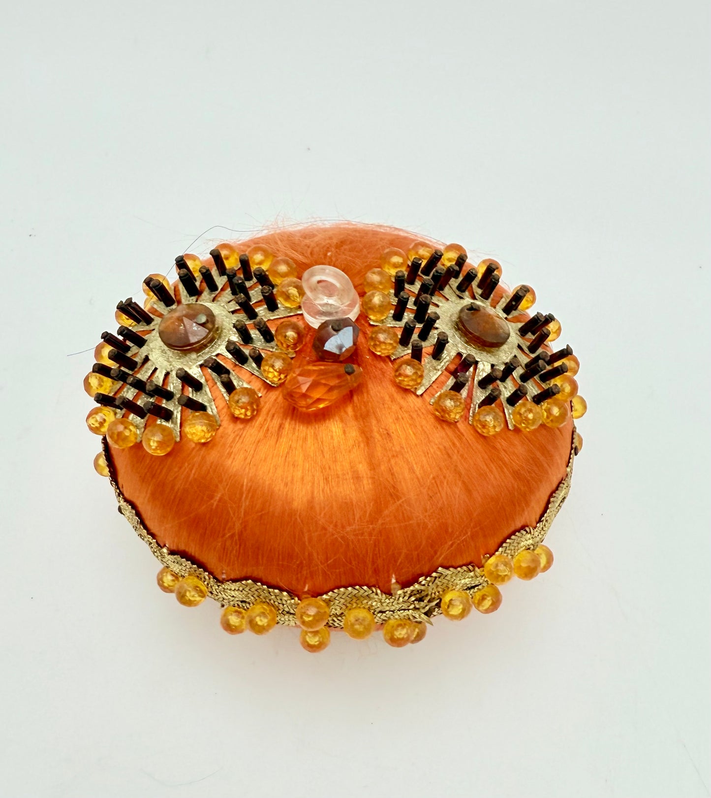 VINTAGE HANDMADE ORANGE BEADED CHRISTMAS ORNAMENT – 1960s MIDCENTURY SATIN BALL