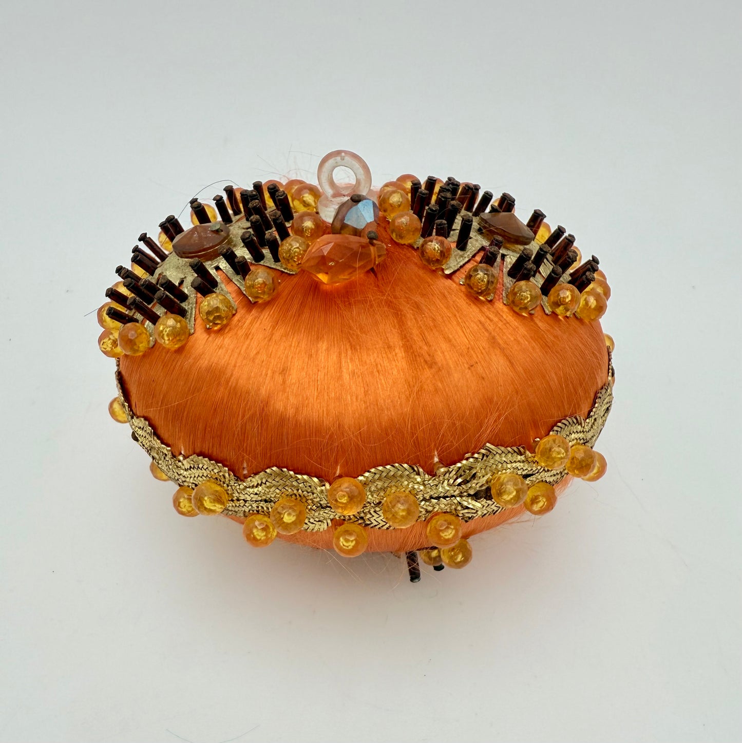 VINTAGE HANDMADE ORANGE BEADED CHRISTMAS ORNAMENT – 1960s MIDCENTURY SATIN BALL