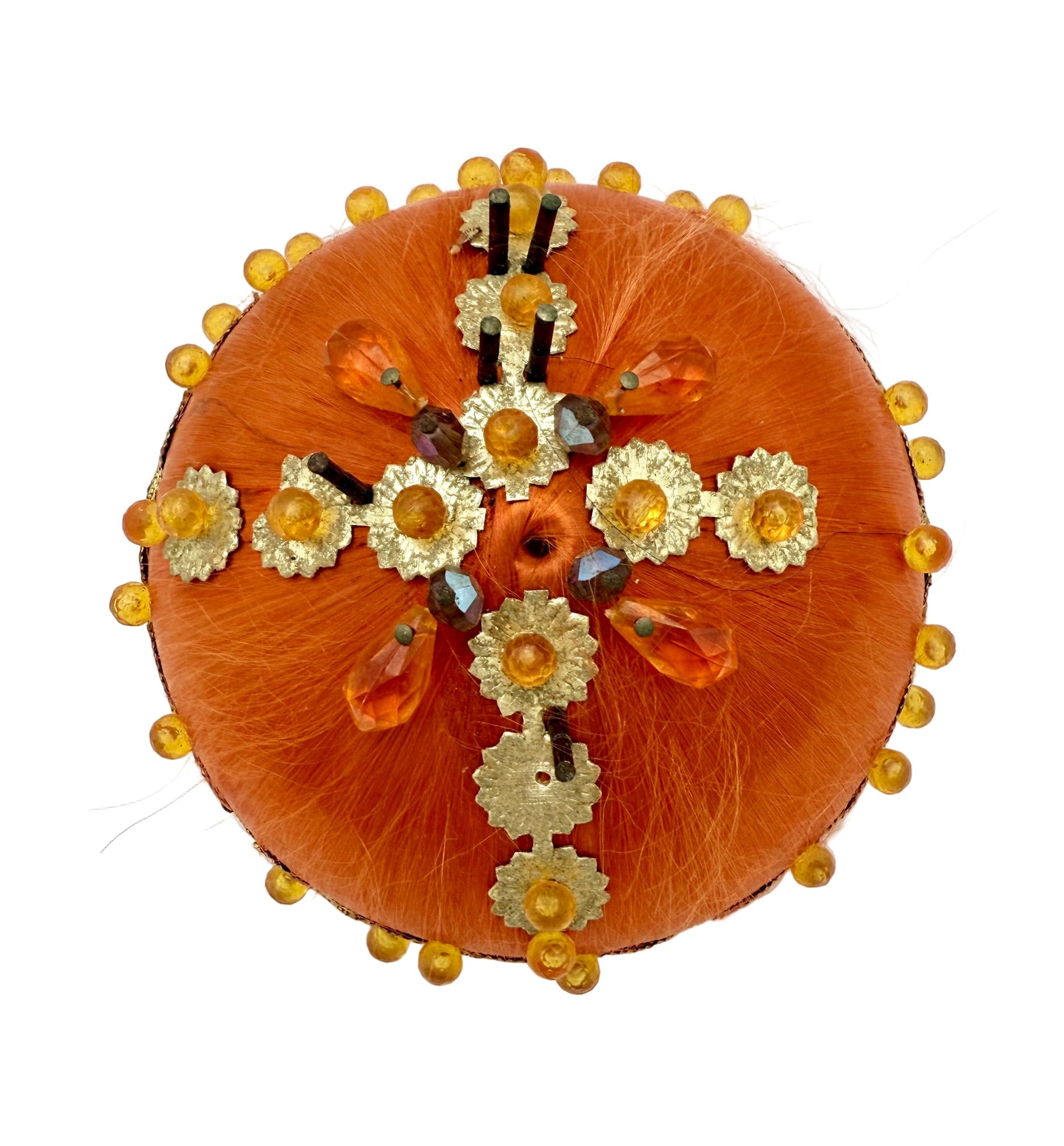 VINTAGE HANDMADE ORANGE BEADED CHRISTMAS ORNAMENT – 1960s MIDCENTURY SATIN BALL