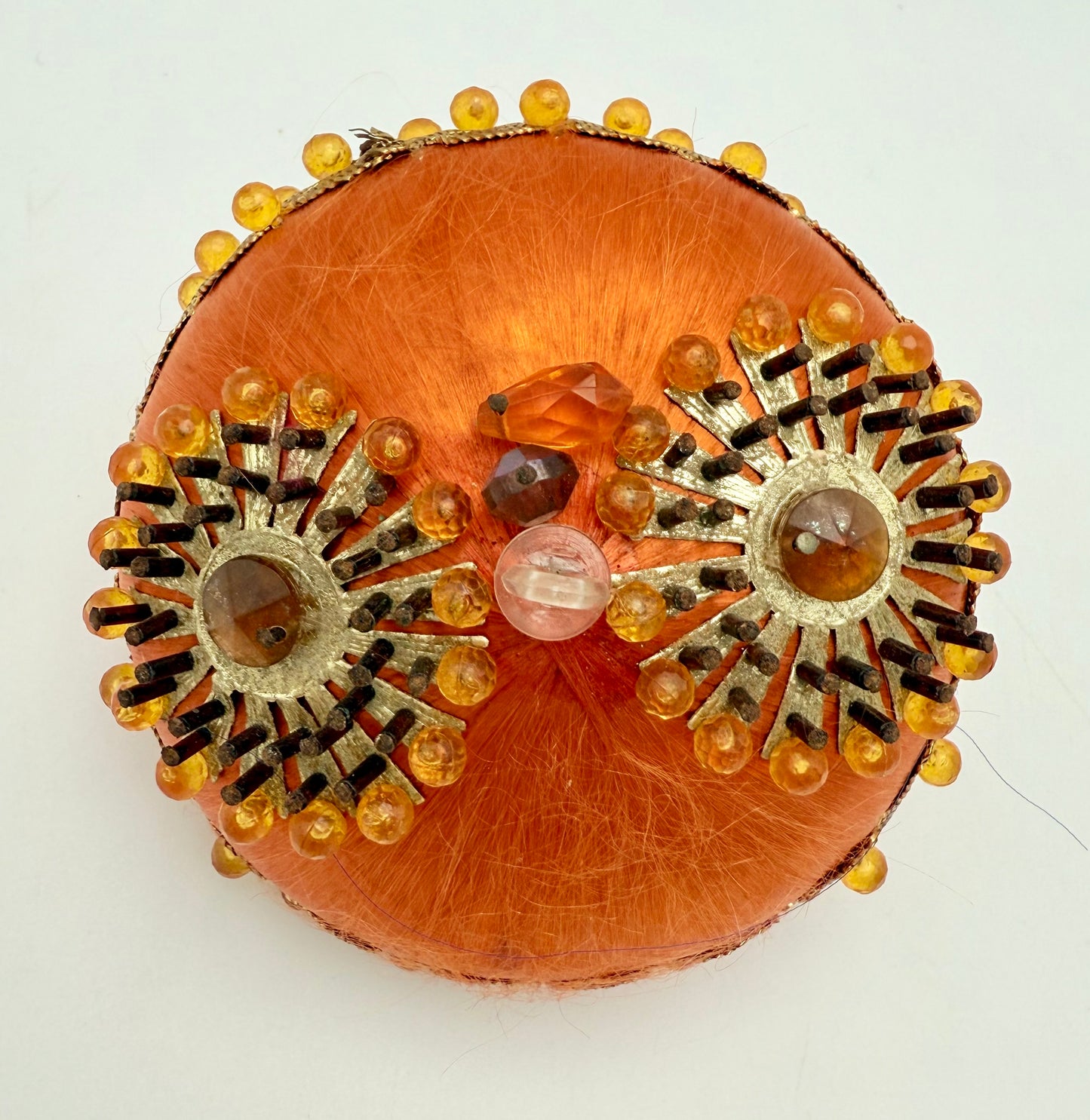 VINTAGE HANDMADE ORANGE BEADED CHRISTMAS ORNAMENT – 1960s MIDCENTURY SATIN BALL