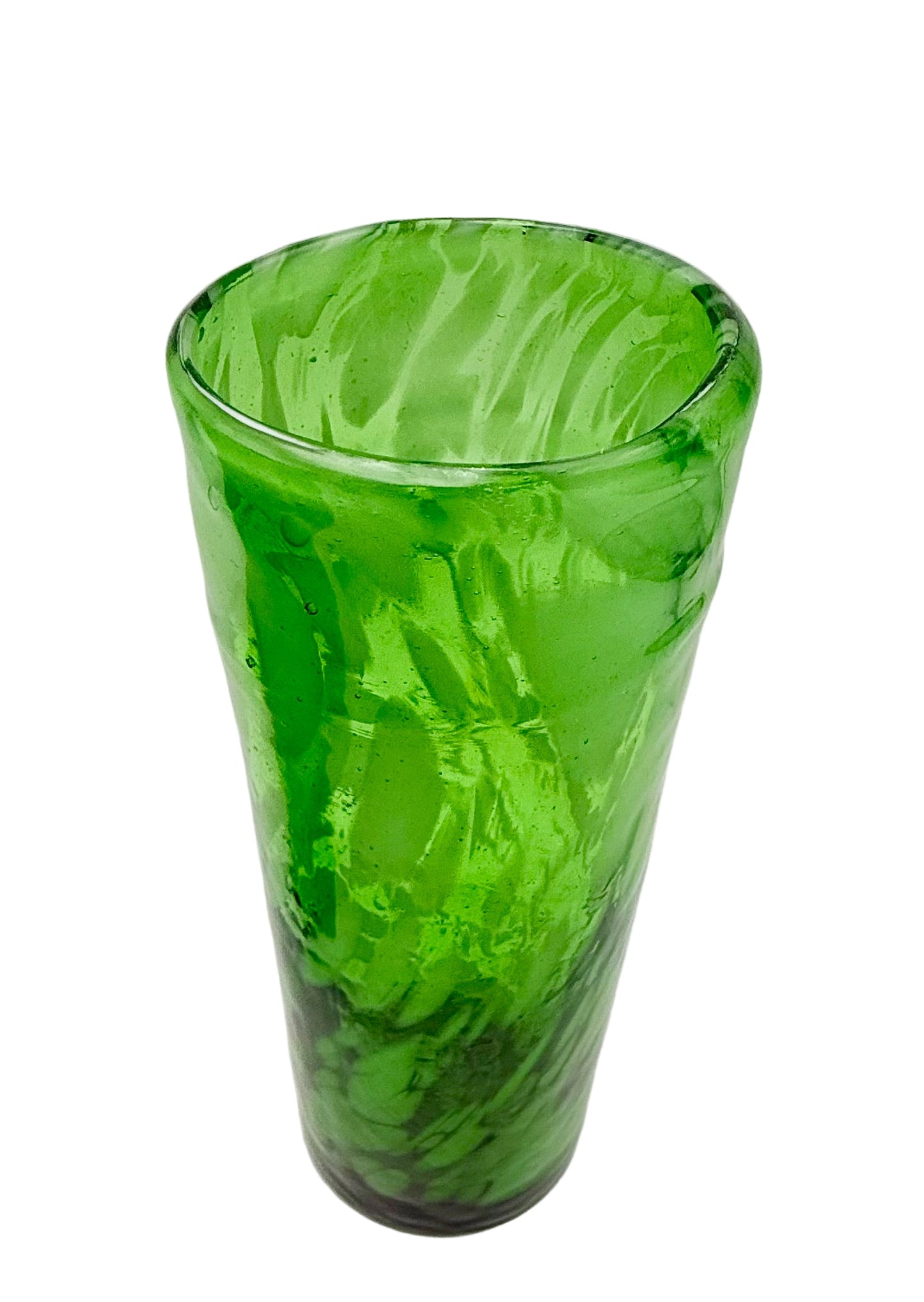 VINTAGE HAND BLOWN GREEN GLASS TUMBLERS – SET OF 7 ARTISAN SWIRL DRINKING GLASSES MID CENTURY MODERN BARWARE