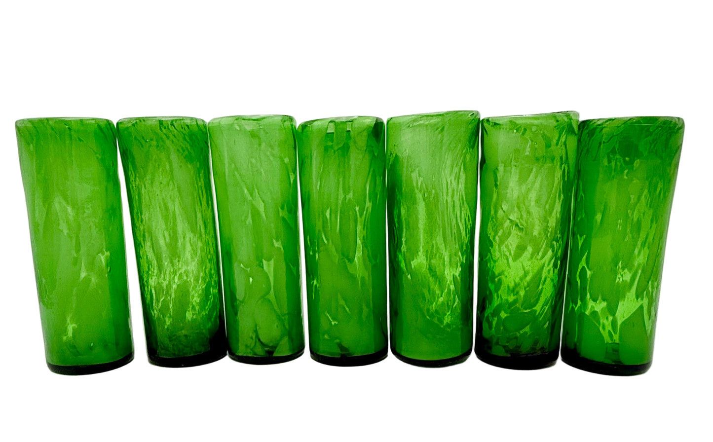 VINTAGE HAND BLOWN GREEN GLASS TUMBLERS – SET OF 7 ARTISAN SWIRL DRINKING GLASSES MID CENTURY MODERN BARWARE