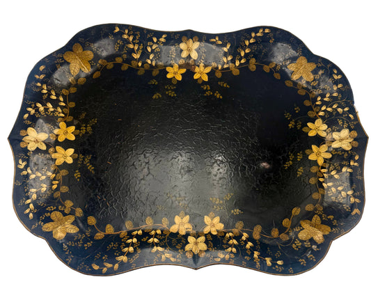 LARGE 19TH C TOLEWARE TRAY — HAND PAINTED BLACK & GOLD FLORAL METAL SERVING TRAY, ANTIQUE WALL ART, VICTORIAN DECOR