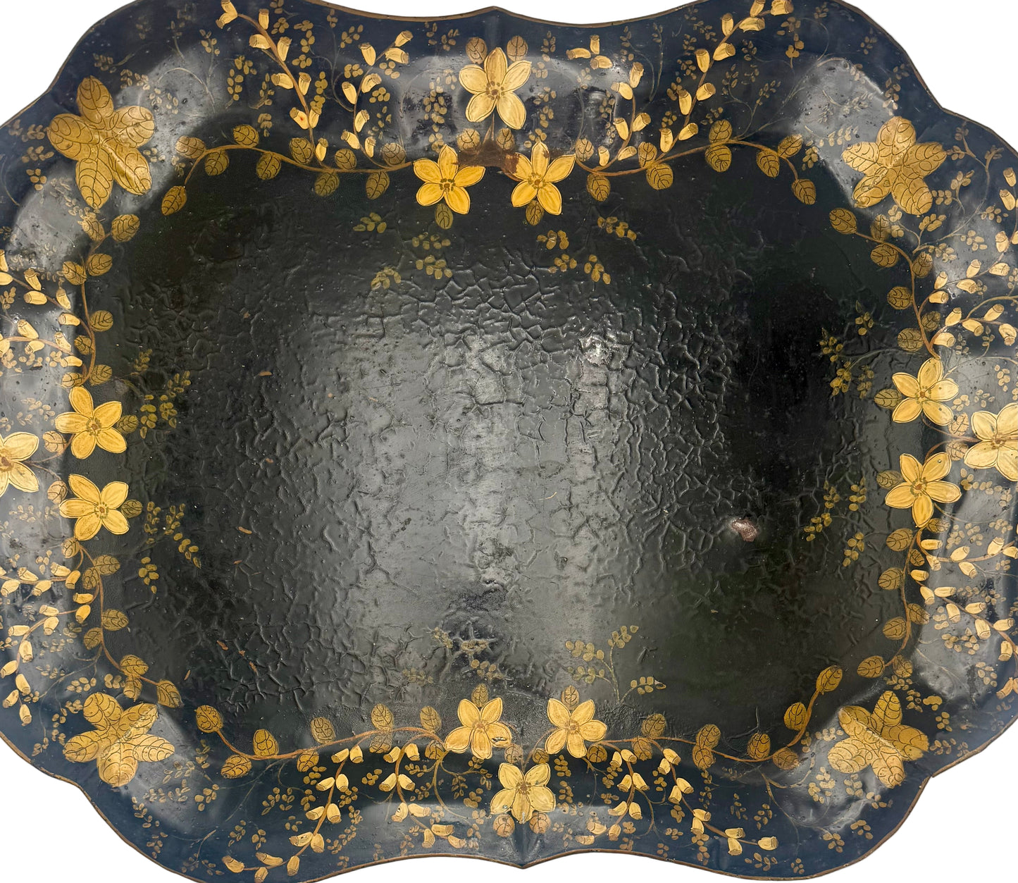 LARGE 19TH C TOLEWARE TRAY — HAND PAINTED BLACK & GOLD FLORAL METAL SERVING TRAY, ANTIQUE WALL ART, VICTORIAN DECOR