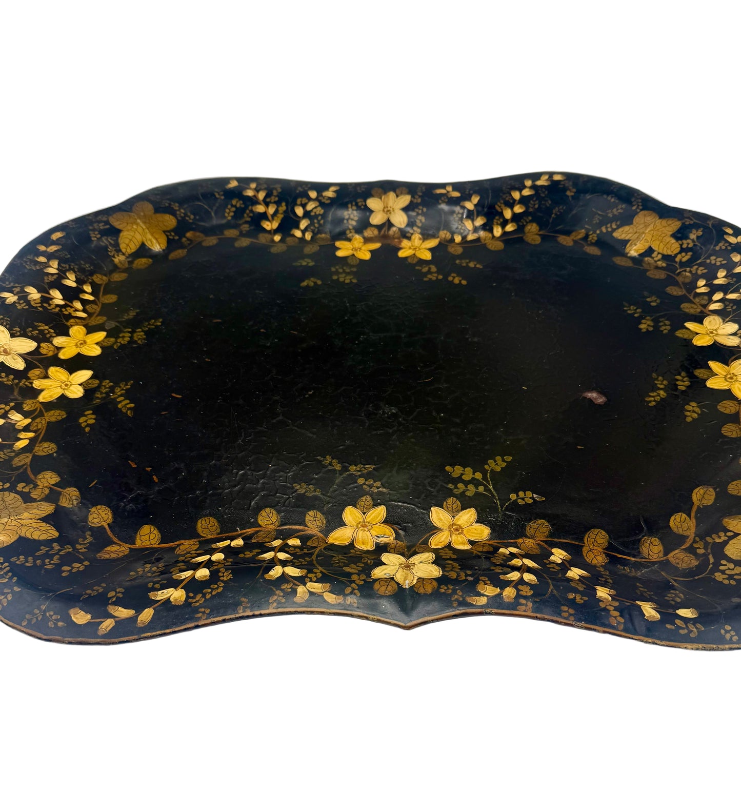 LARGE 19TH C TOLEWARE TRAY — HAND PAINTED BLACK & GOLD FLORAL METAL SERVING TRAY, ANTIQUE WALL ART, VICTORIAN DECOR