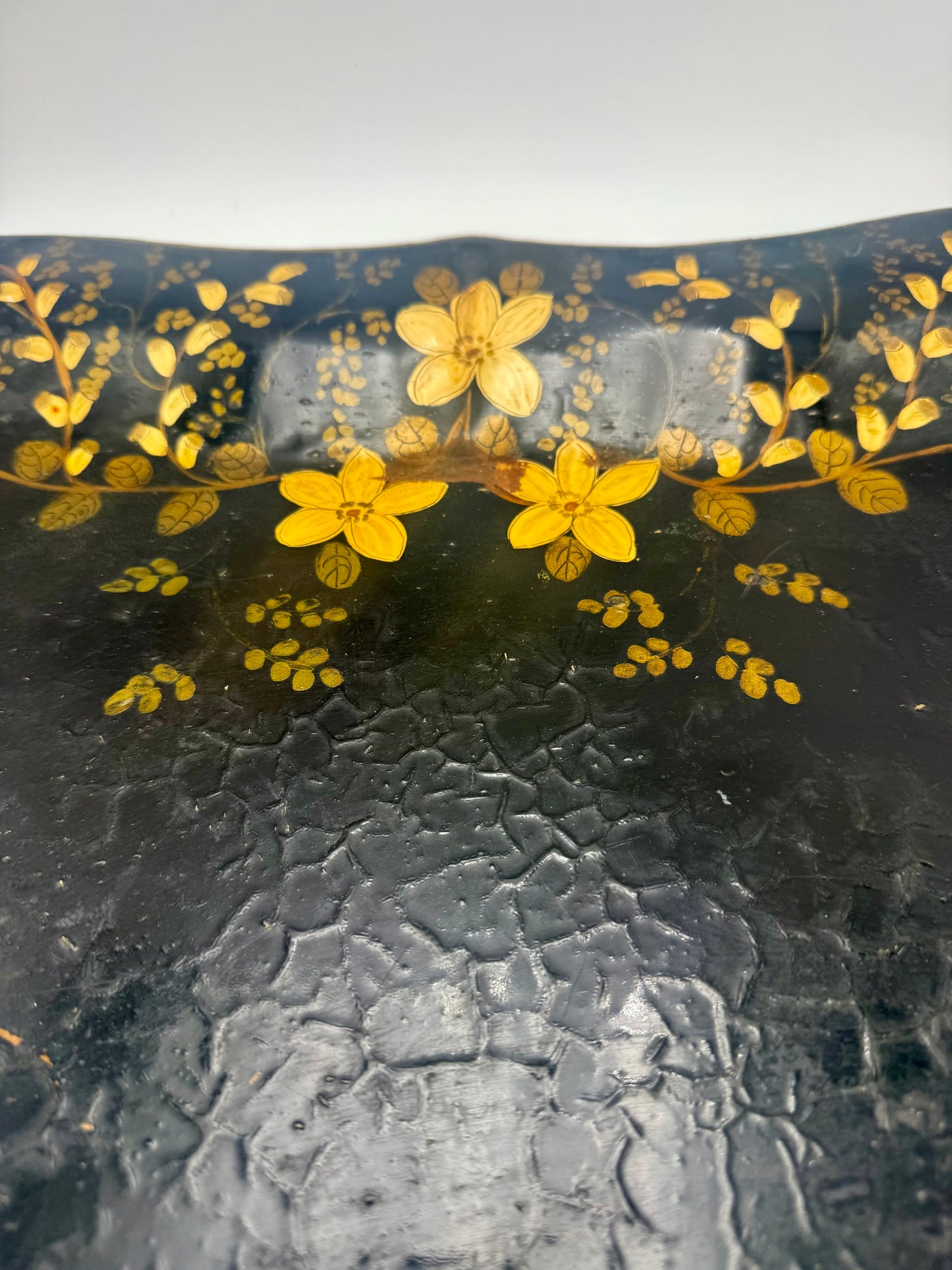LARGE 19TH C TOLEWARE TRAY — HAND PAINTED BLACK & GOLD FLORAL METAL SERVING TRAY, ANTIQUE WALL ART, VICTORIAN DECOR