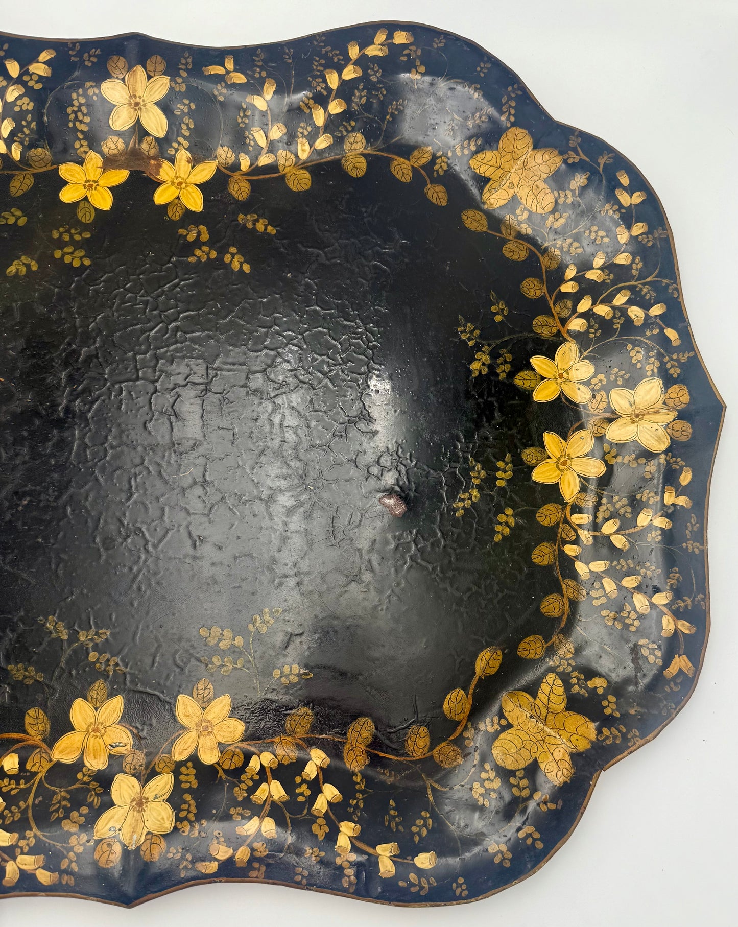 LARGE 19TH C TOLEWARE TRAY — HAND PAINTED BLACK & GOLD FLORAL METAL SERVING TRAY, ANTIQUE WALL ART, VICTORIAN DECOR