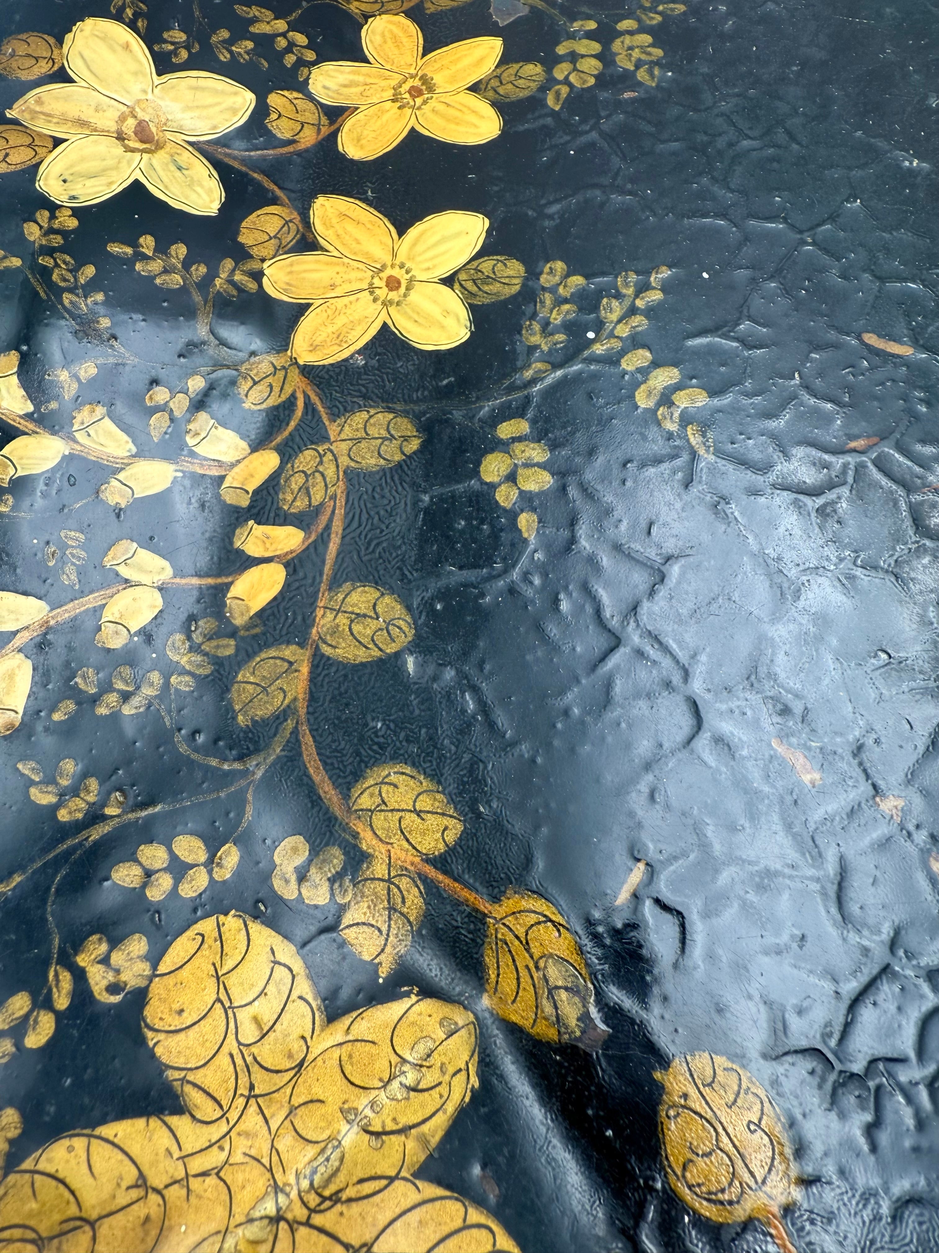 LARGE 19TH C TOLEWARE TRAY — HAND PAINTED BLACK & GOLD FLORAL METAL SERVING TRAY, ANTIQUE WALL ART, VICTORIAN DECOR