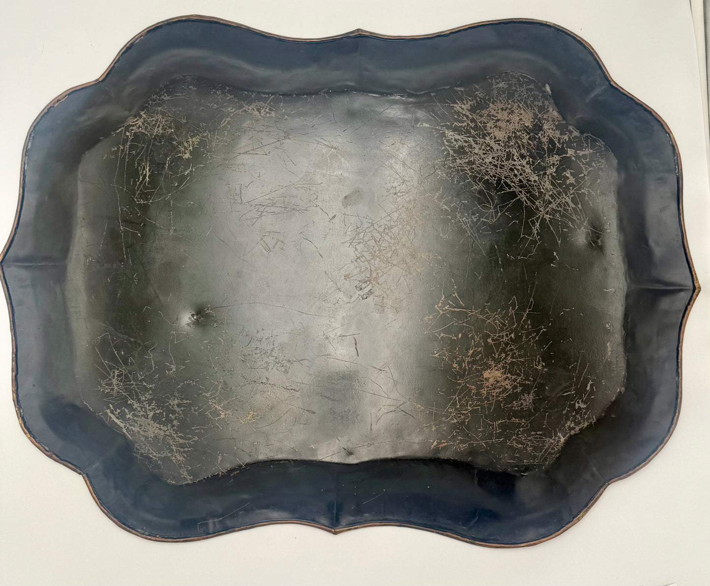 LARGE 19TH C TOLEWARE TRAY — HAND PAINTED BLACK & GOLD FLORAL METAL SERVING TRAY, ANTIQUE WALL ART, VICTORIAN DECOR