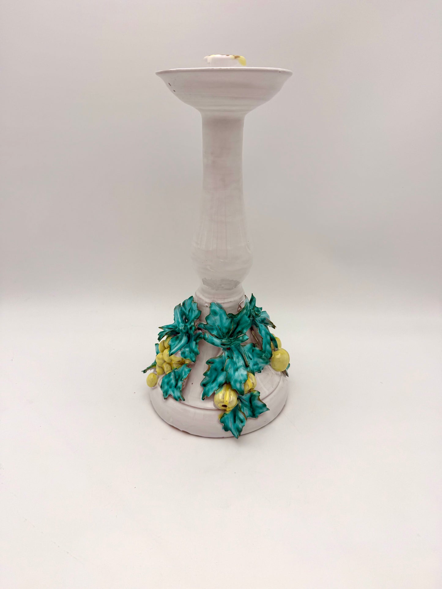 VINTAGE ITALIAN CERAMIC CANDLESTICK WITH FRUIT & LEAF MOTIF – 12″ TALL