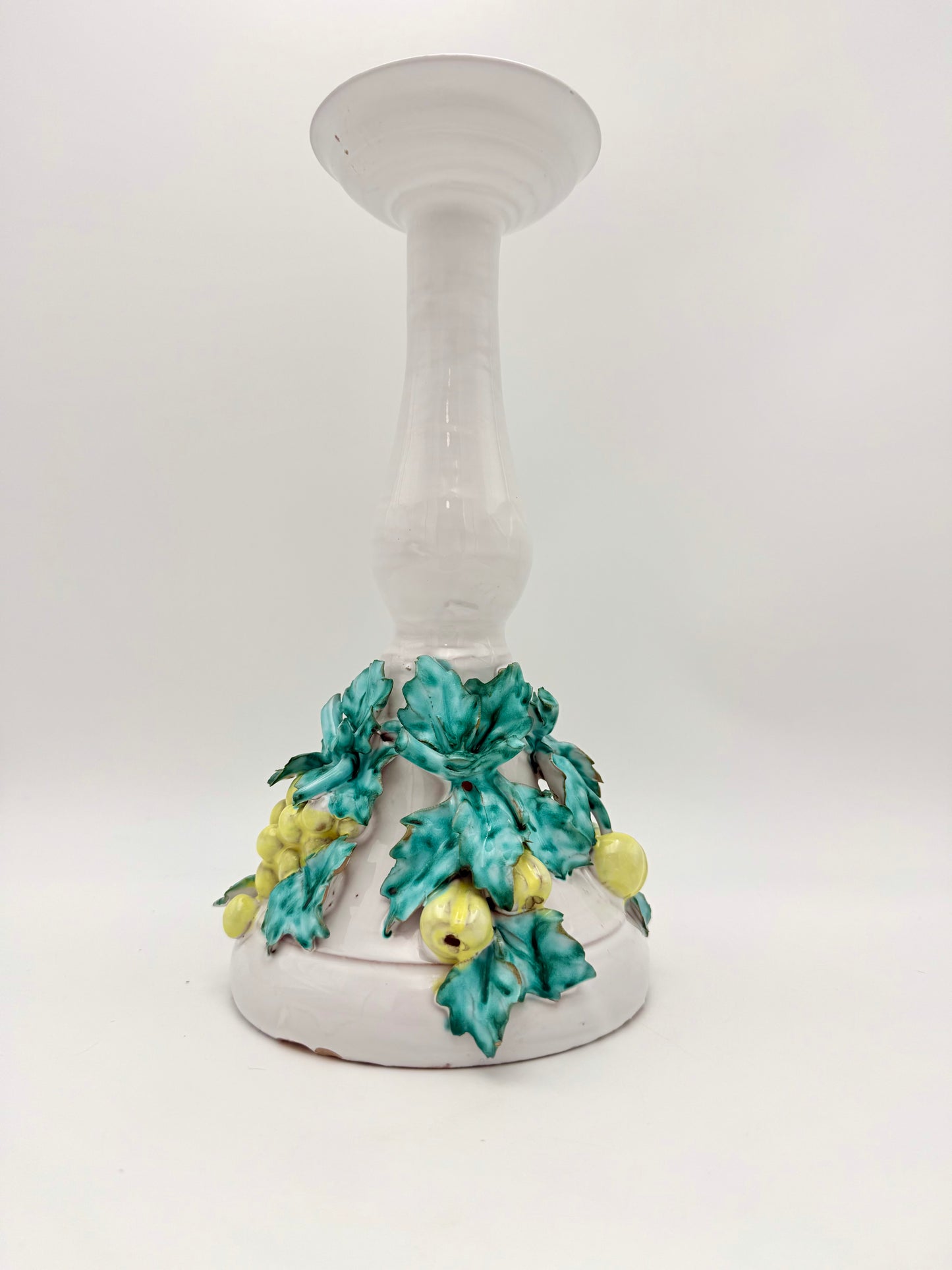 VINTAGE ITALIAN CERAMIC CANDLESTICK WITH FRUIT & LEAF MOTIF – 12″ TALL