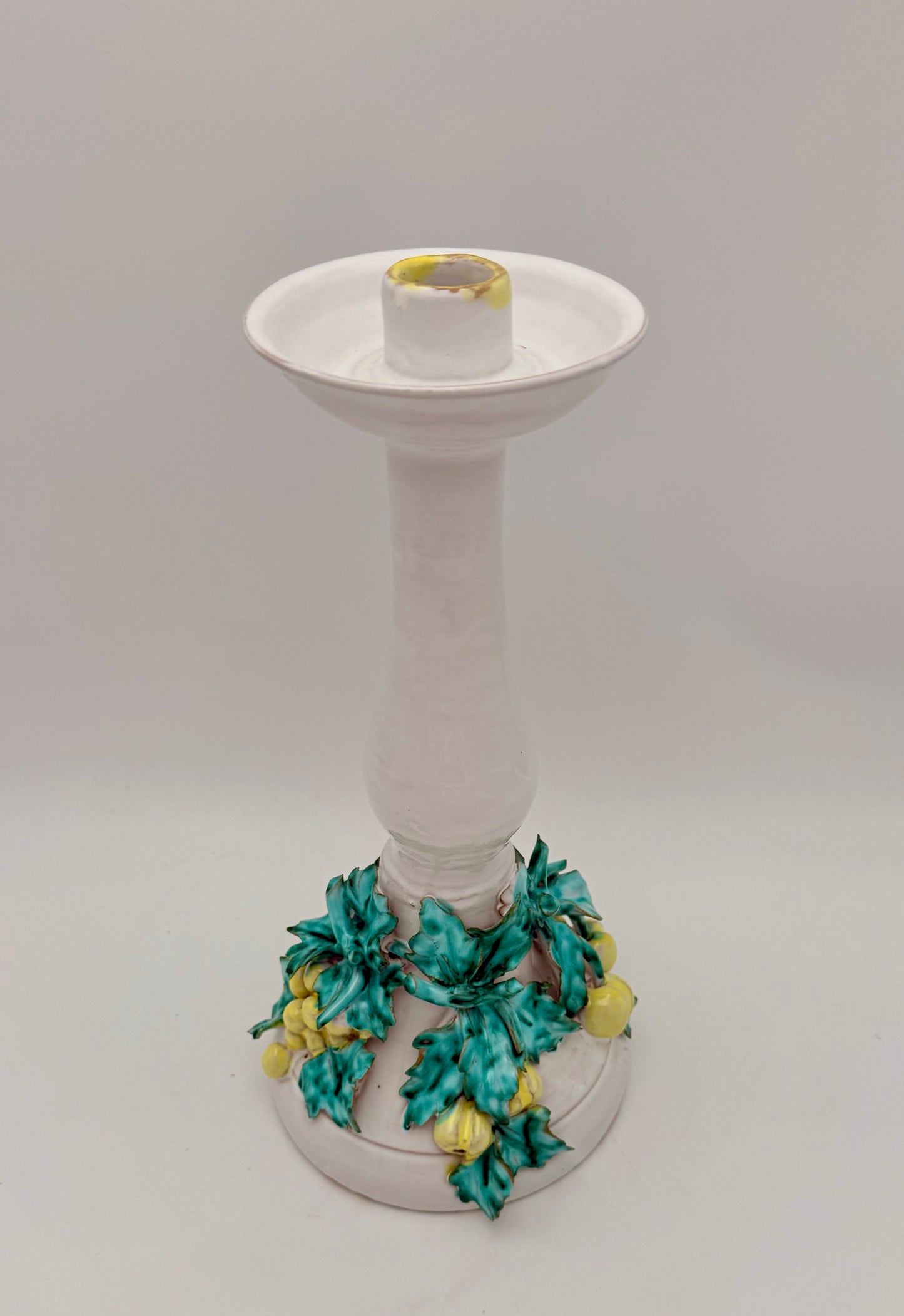VINTAGE ITALIAN CERAMIC CANDLESTICK WITH FRUIT & LEAF MOTIF – 12″ TALL