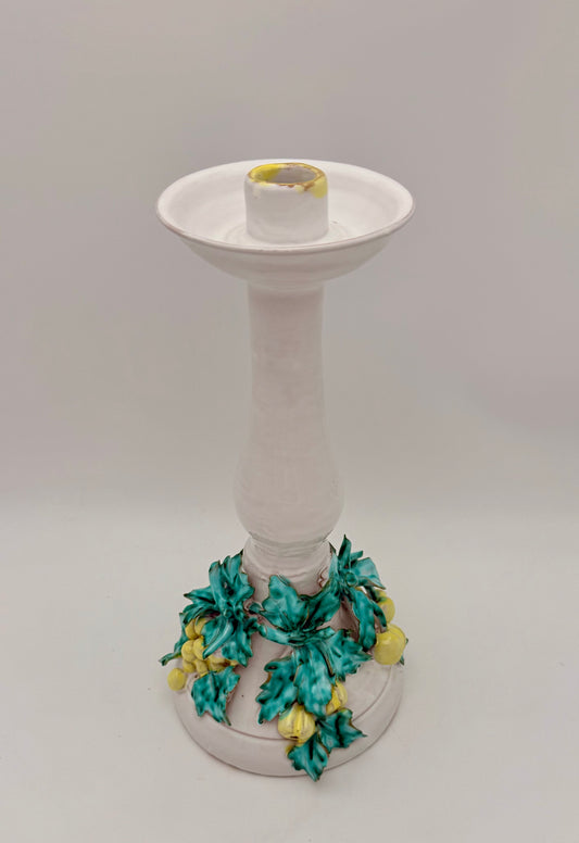 VINTAGE ITALIAN CERAMIC CANDLESTICK WITH FRUIT & LEAF MOTIF – 12″ TALL