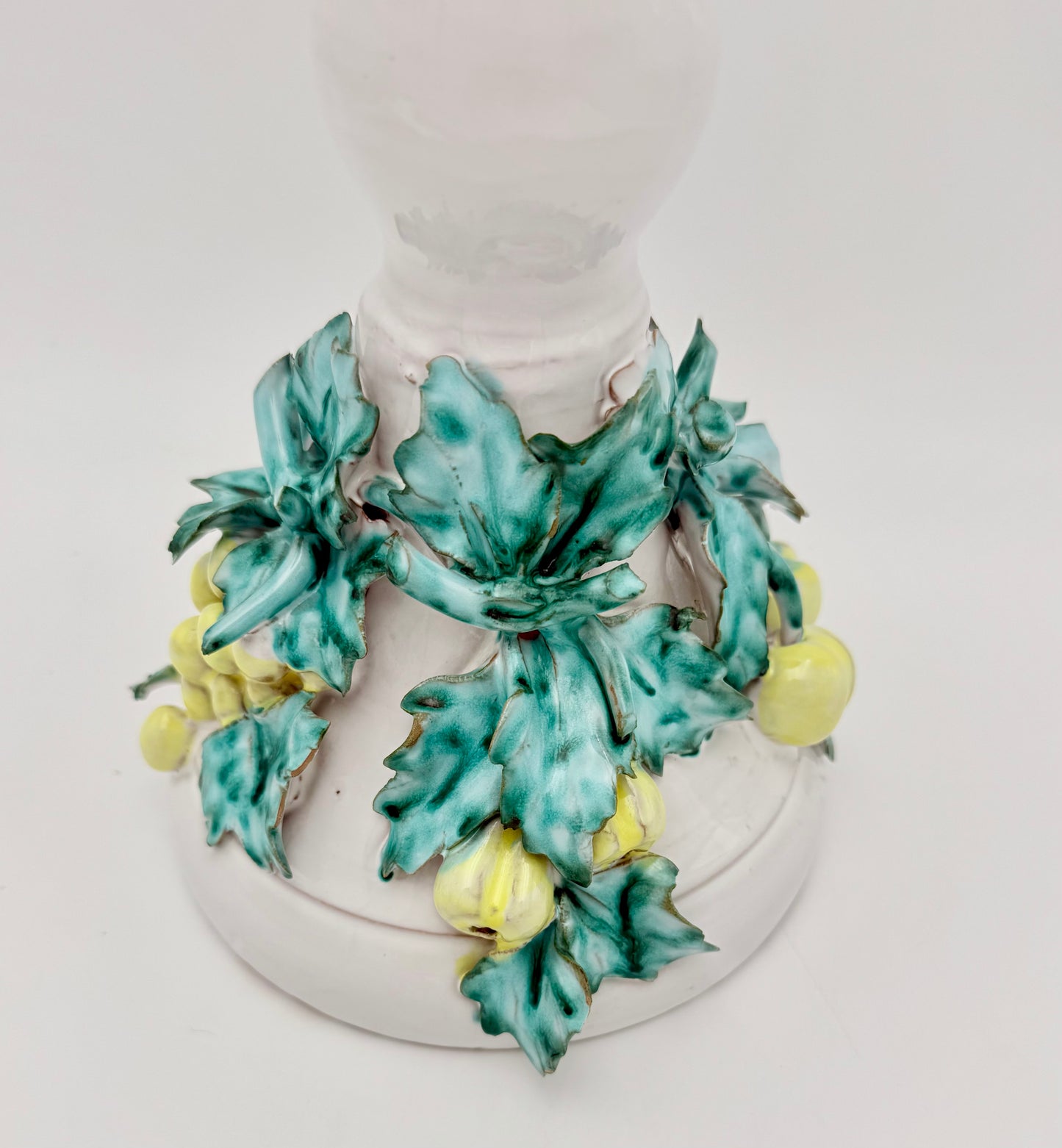 VINTAGE ITALIAN CERAMIC CANDLESTICK WITH FRUIT & LEAF MOTIF – 12″ TALL