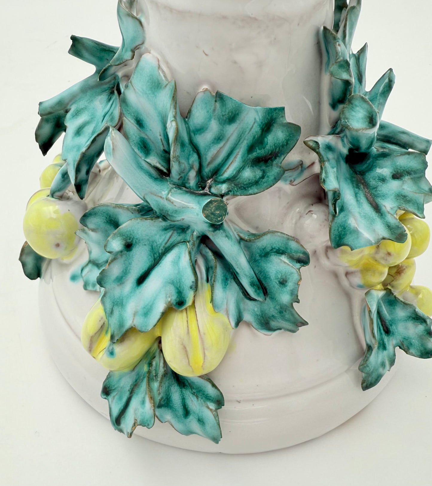 VINTAGE ITALIAN CERAMIC CANDLESTICK WITH FRUIT & LEAF MOTIF – 12″ TALL