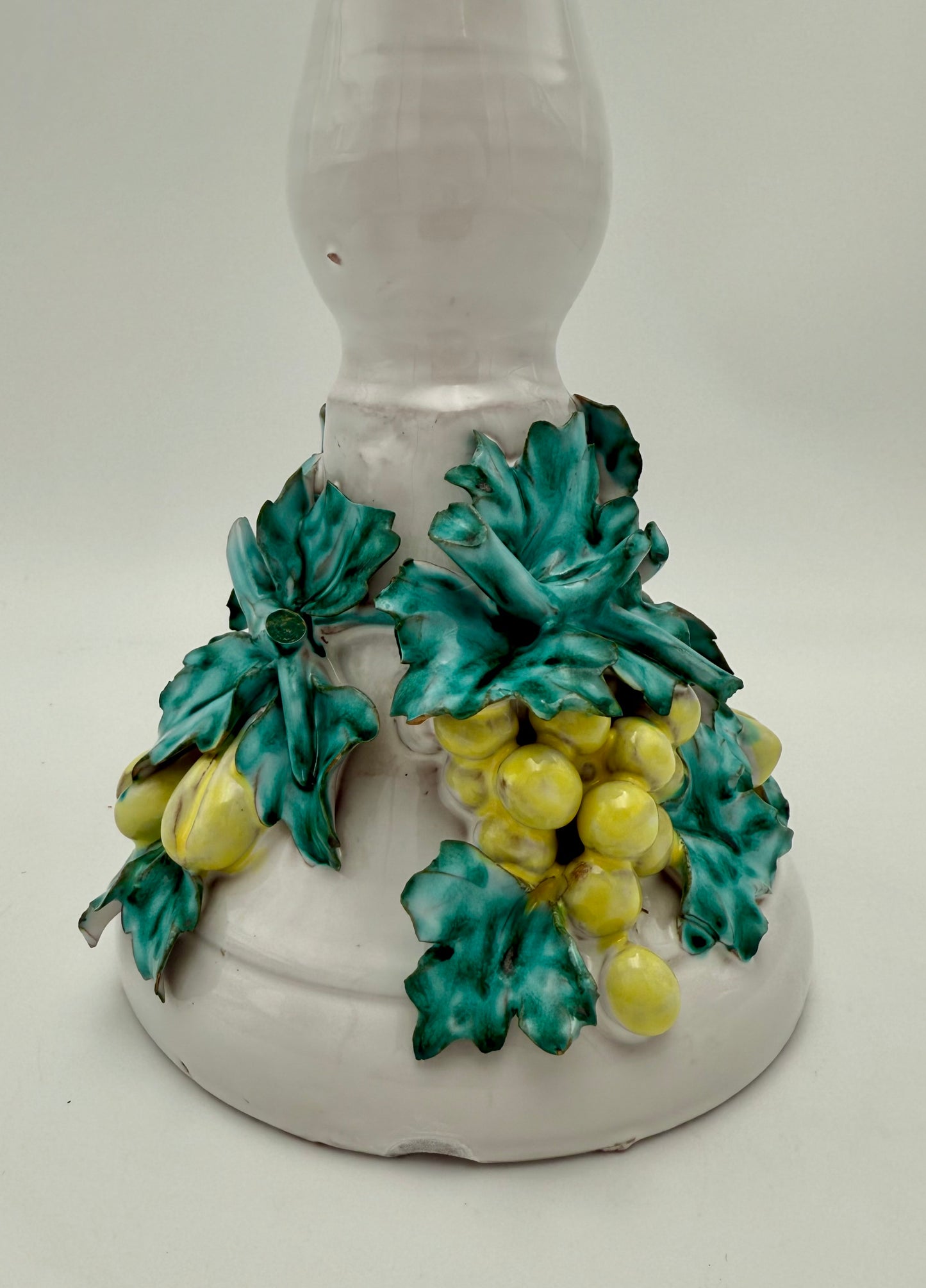 VINTAGE ITALIAN CERAMIC CANDLESTICK WITH FRUIT & LEAF MOTIF – 12″ TALL