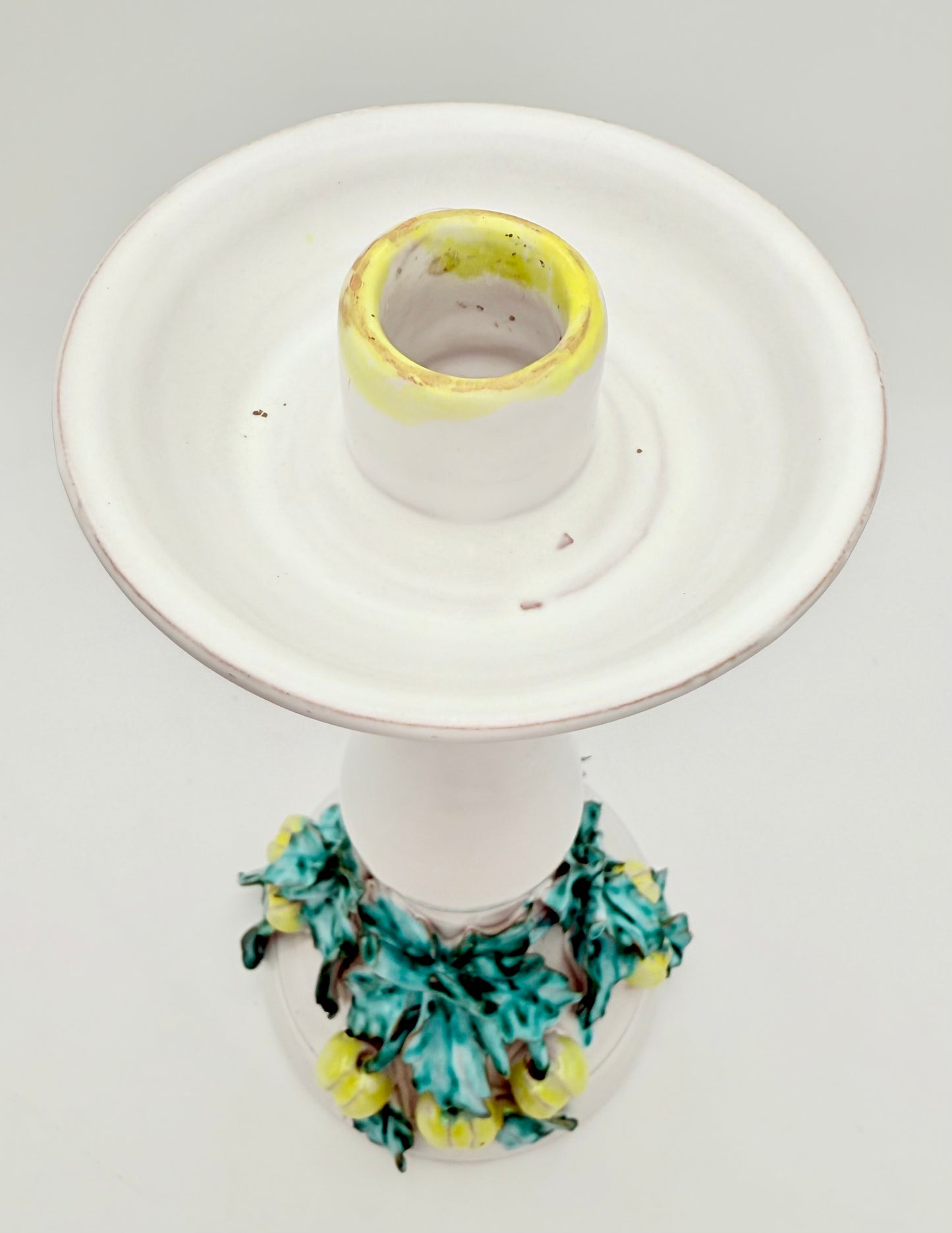 VINTAGE ITALIAN CERAMIC CANDLESTICK WITH FRUIT & LEAF MOTIF – 12″ TALL