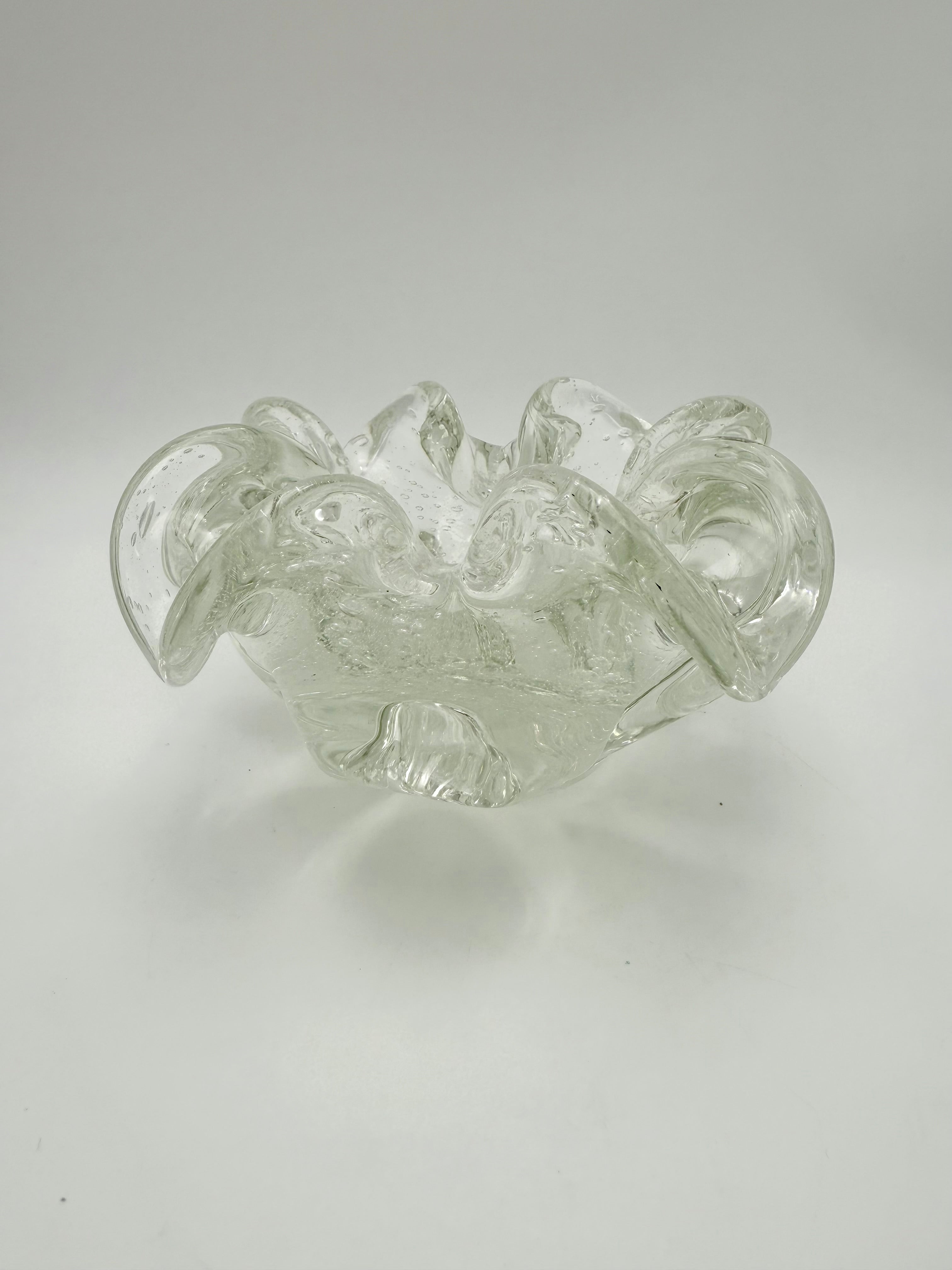 VINTAGE MURANO STYLE CLEAR BULLICANTE GLASS BOWL – HEAVY RUFFLED ART GLASS CENTERPIECE – MID CENTURY ITALIAN DECOR